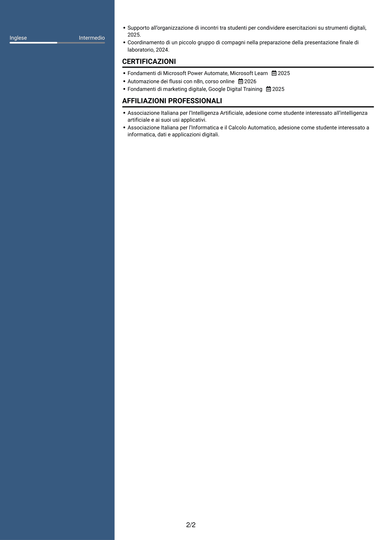 CV Signature (formato con colonna laterale colorata e foto grande): Sviluppatore AI - Agenti e automazione dei processi, pagina 2