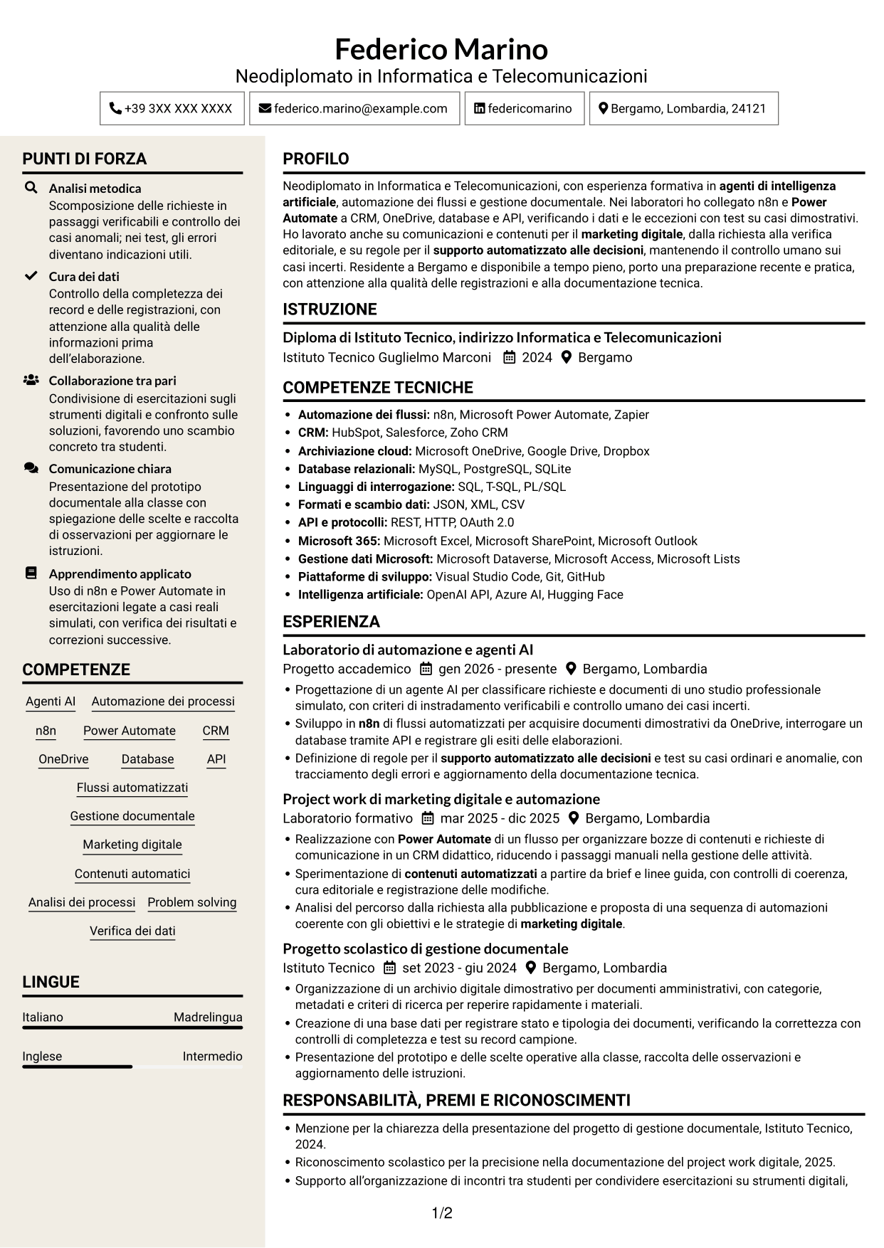 CV Intraprendente (formato a due colonne con intestazione centrata senza foto): Sviluppatore AI - Agenti e automazione dei processi, pagina 1
