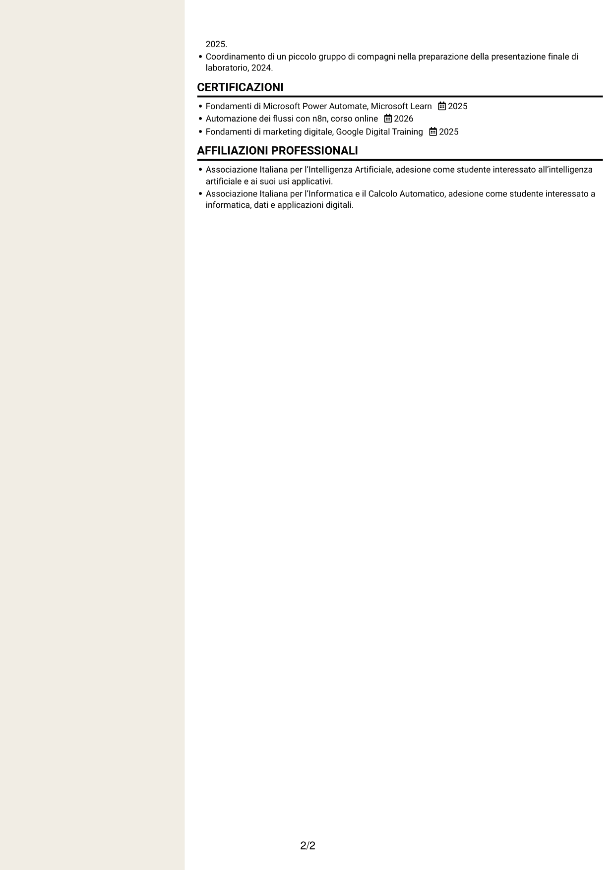 CV Intraprendente (formato a due colonne con intestazione centrata senza foto): Sviluppatore AI - Agenti e automazione dei processi, pagina 2