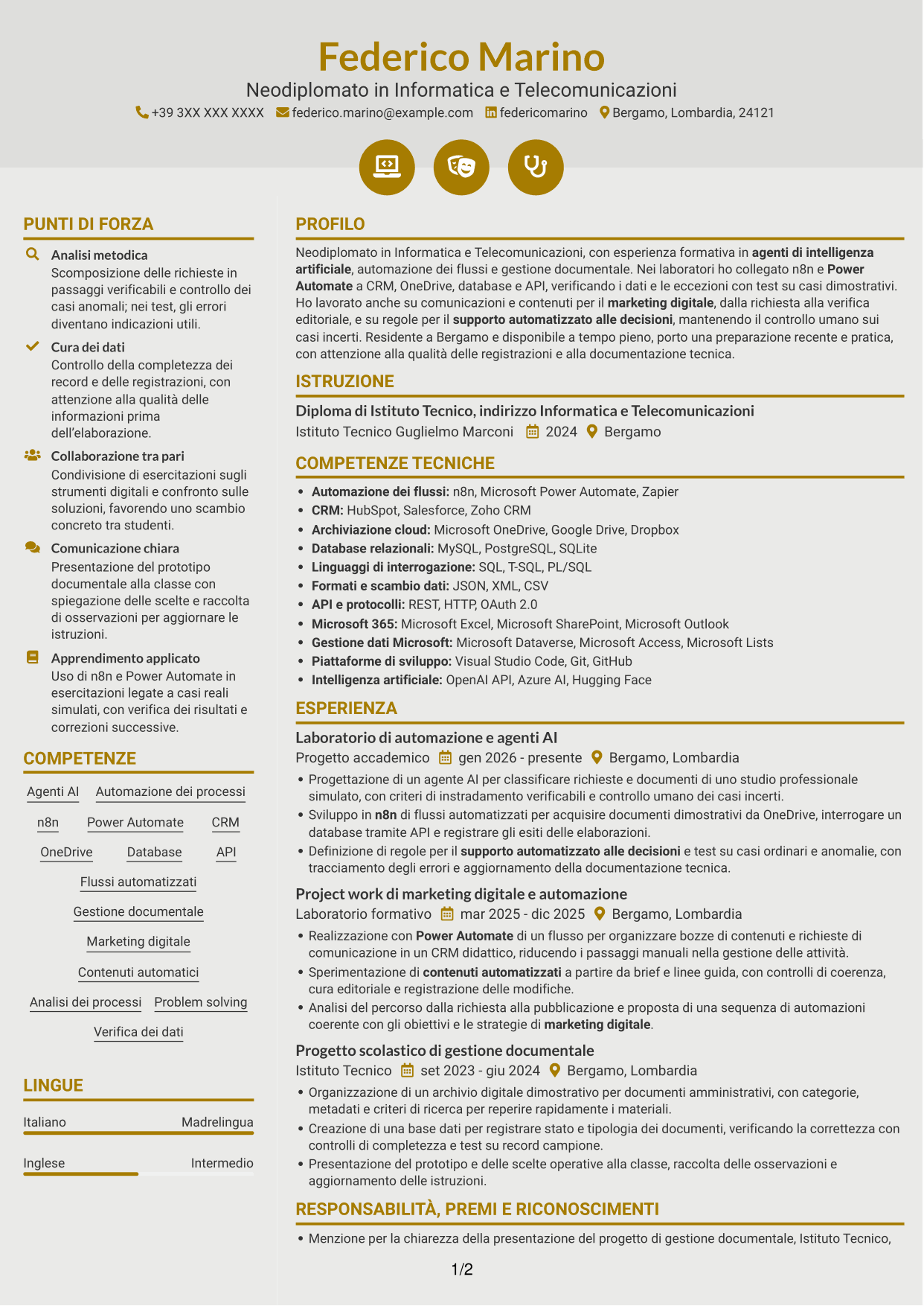 CV Dinamico (formato a due colonne con icone): Sviluppatore AI - Agenti e automazione dei processi, pagina 1