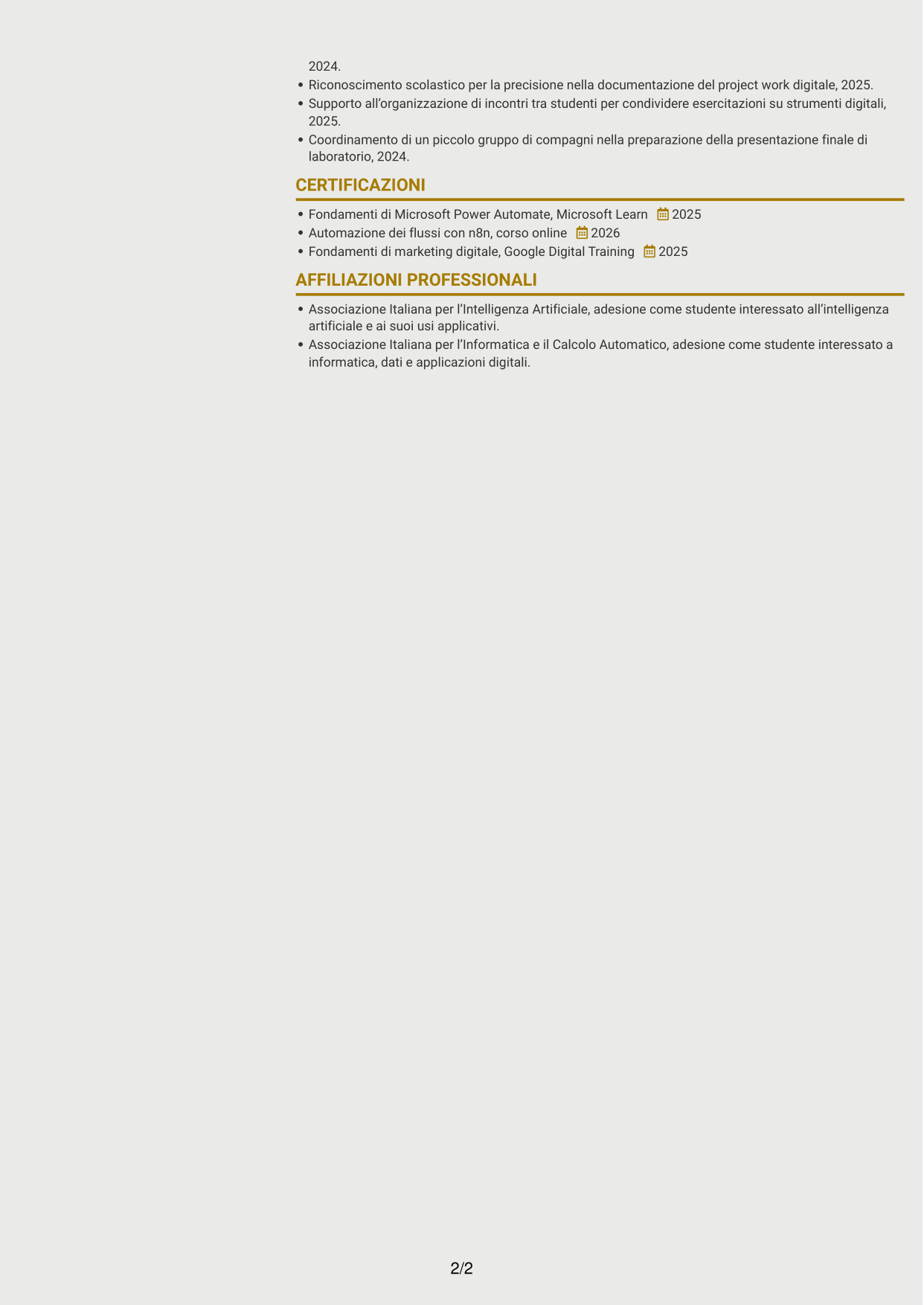 CV Dinamico (formato a due colonne con icone): Sviluppatore AI - Agenti e automazione dei processi, pagina 2