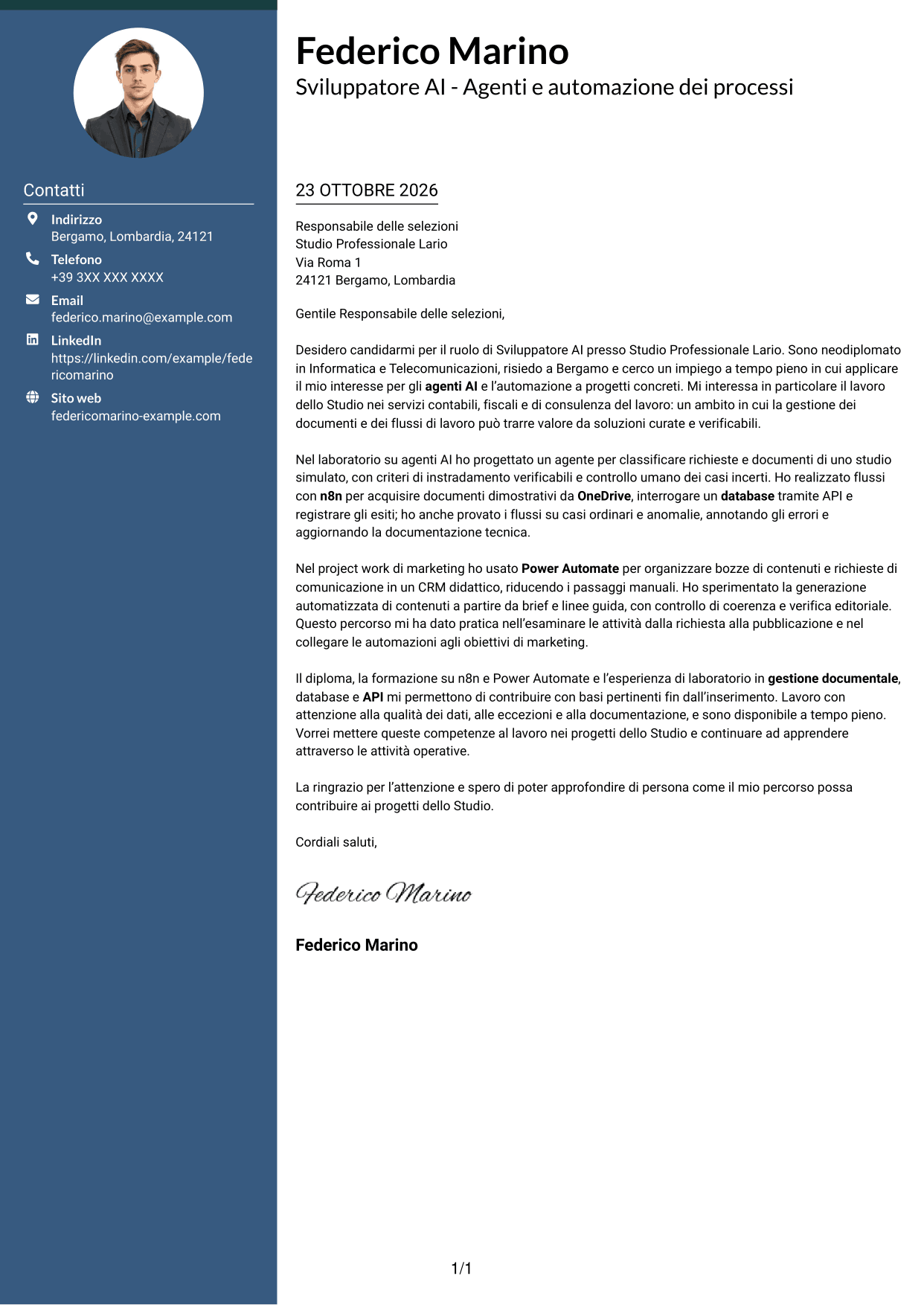 Lettera di presentazione Elegante (formato con colonna laterale colorata e foto): Sviluppatore AI - Agenti e automazione dei processi, pagina 1