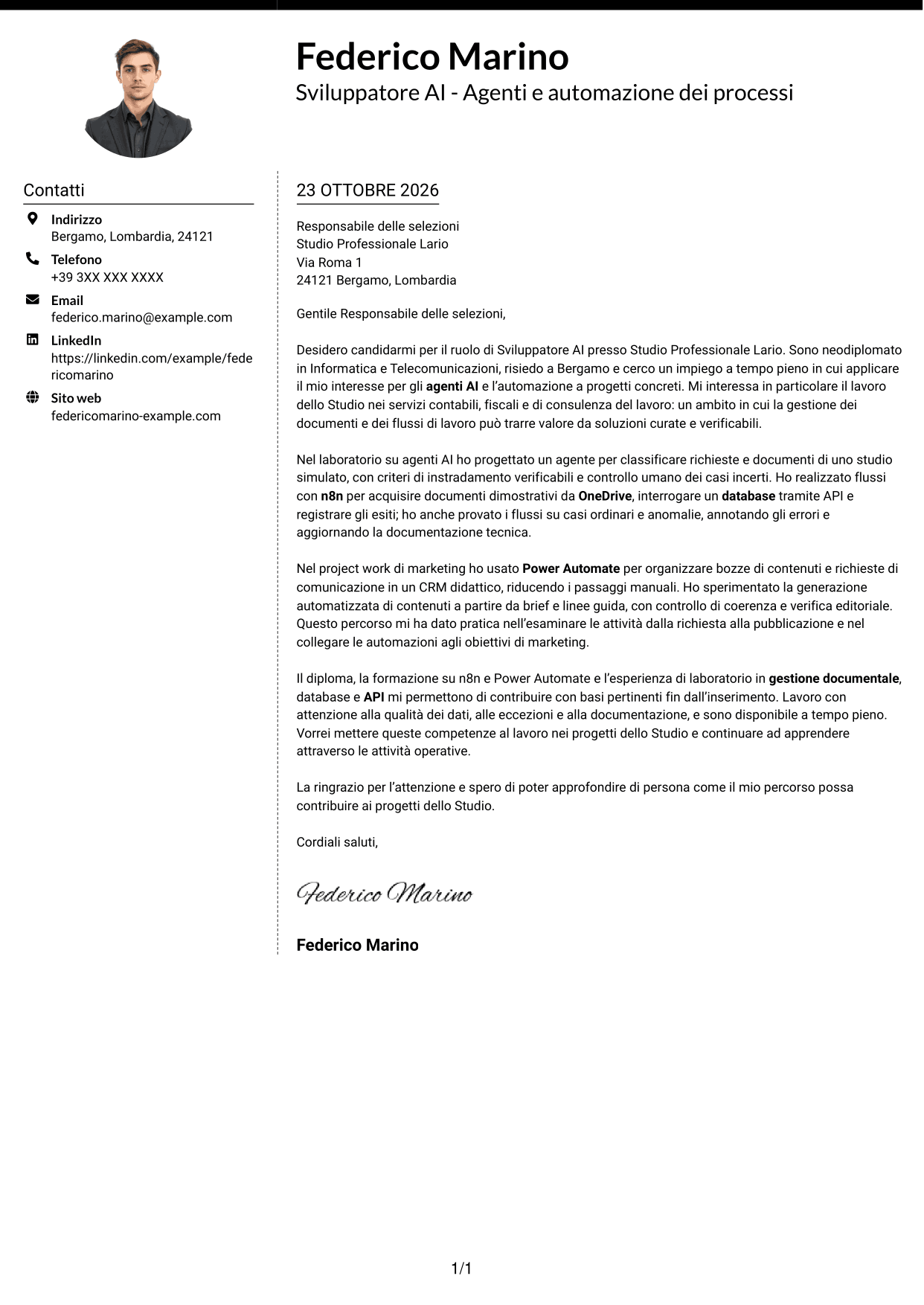 Lettera di presentazione Moderno (formato a due colonne con foto a sinistra e separatore): Sviluppatore AI - Agenti e automazione dei processi, pagina 1