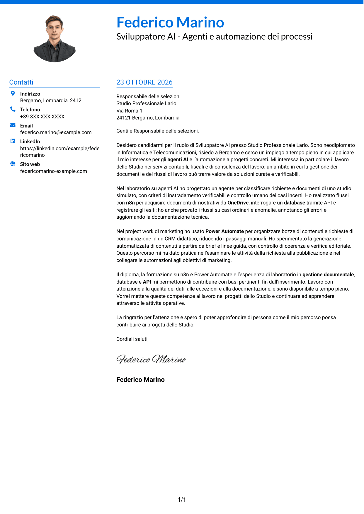 Lettera di presentazione Audace (formato a due colonne con accenti colorati e foto): Sviluppatore AI - Agenti e automazione dei processi, pagina 1
