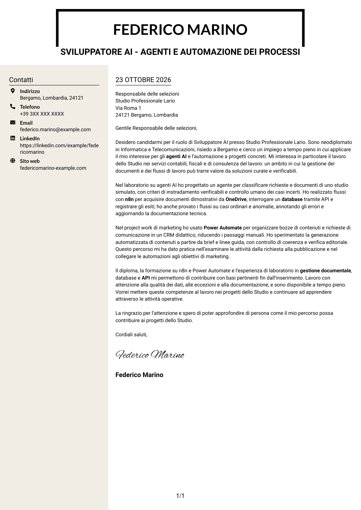 Lettera di presentazione Intraprendente (formato a due colonne con intestazione centrata senza foto): Sviluppatore AI - Agenti e automazione dei processi, pagina 1
