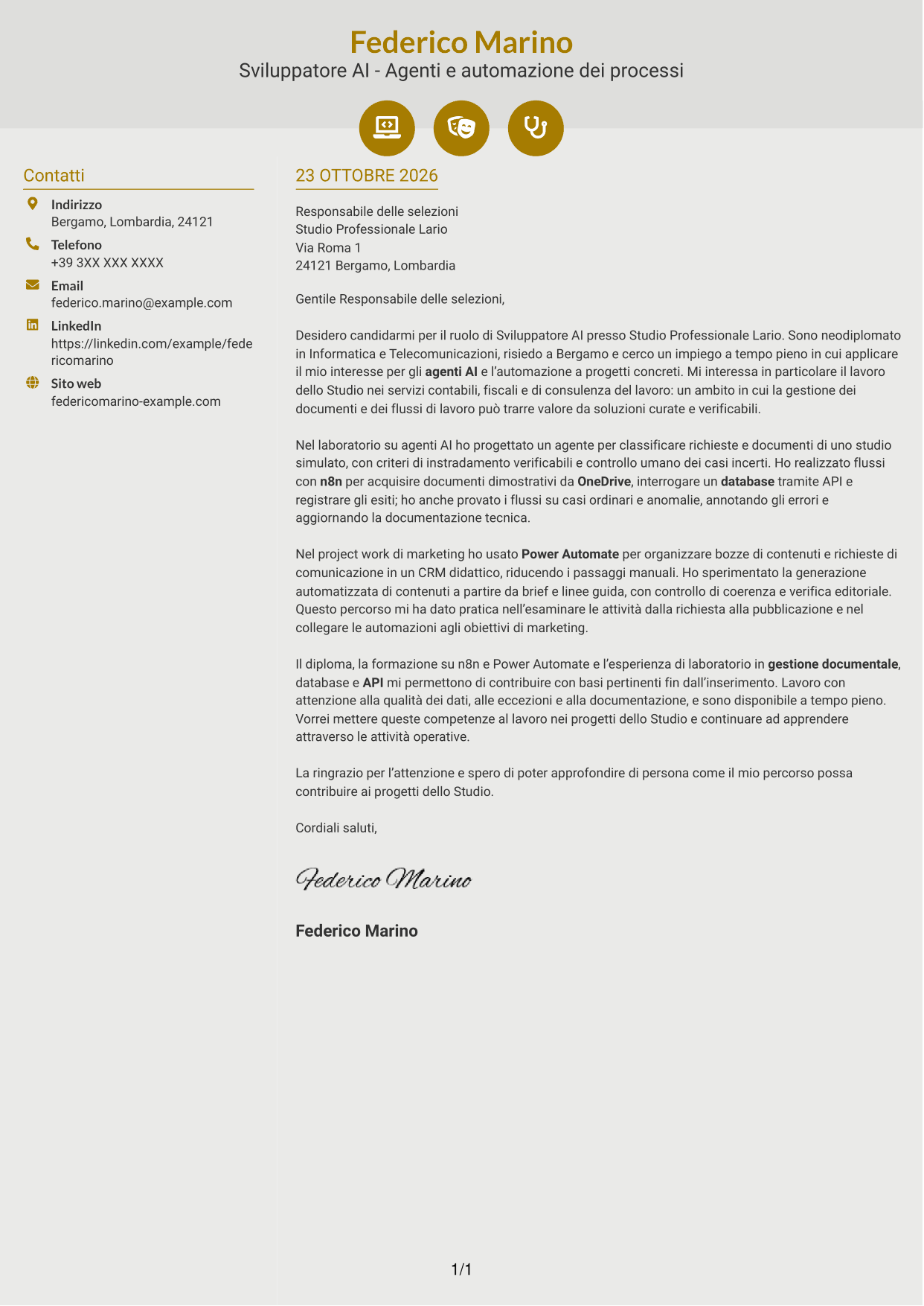 Lettera di presentazione Dinamico (formato a due colonne con icone): Sviluppatore AI - Agenti e automazione dei processi, pagina 1