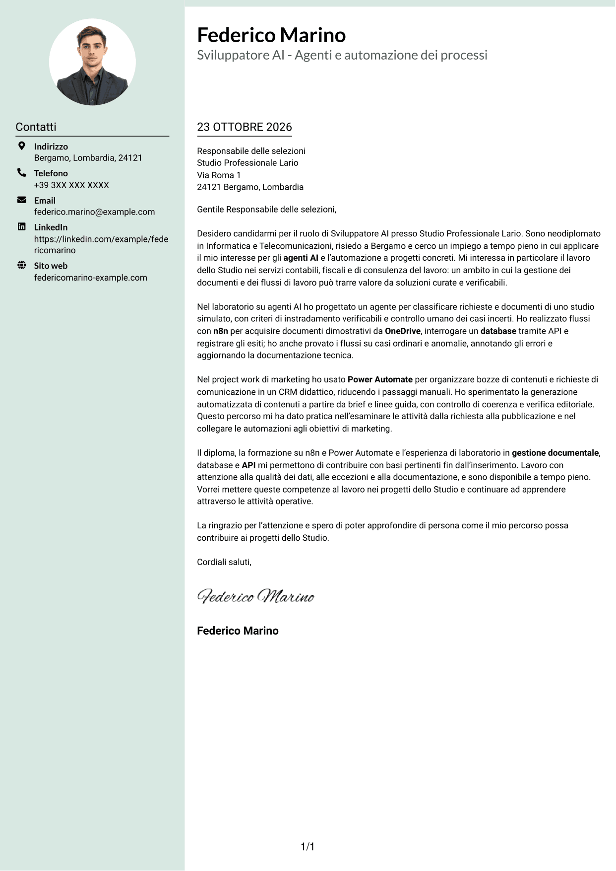 Lettera di presentazione Dirigente (formato con colonna laterale tenue e foto arrotondata): Sviluppatore AI - Agenti e automazione dei processi, pagina 1