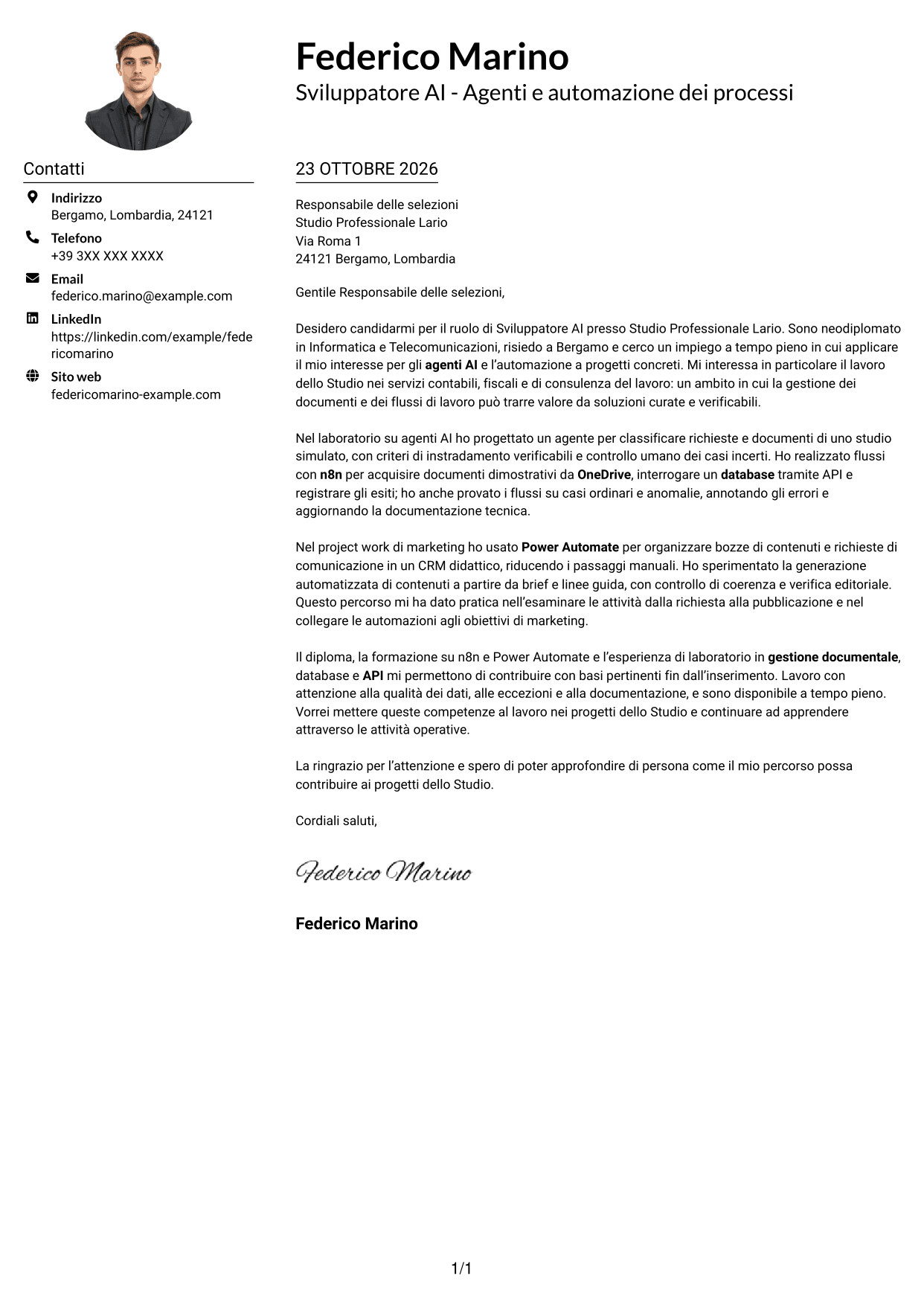 Esempio di lettera di presentazione — pagina 1