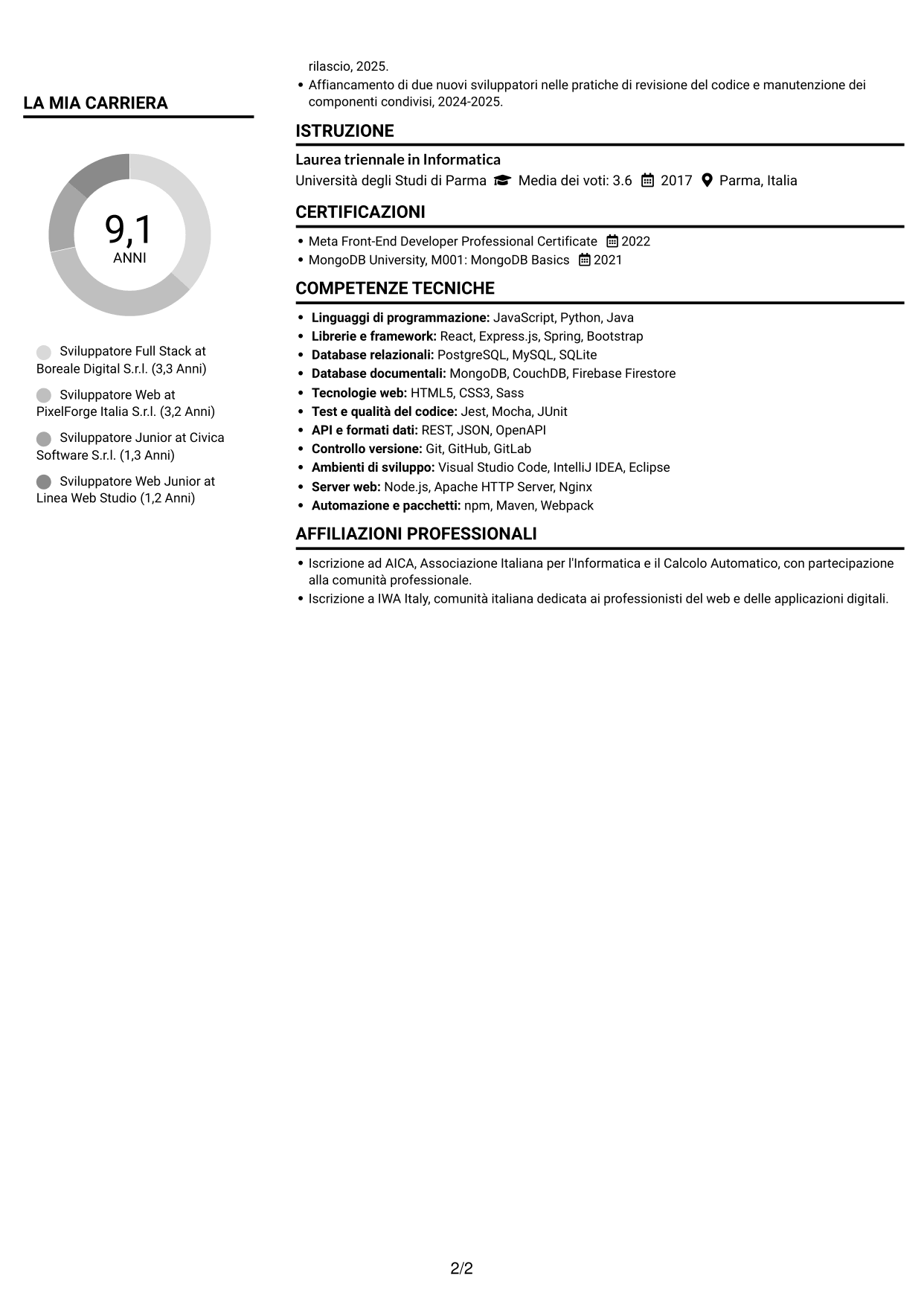 CV Compatto (formato sobrio a due colonne con foto): Sviluppatore - Applicazioni Web Full Stack, pagina 2