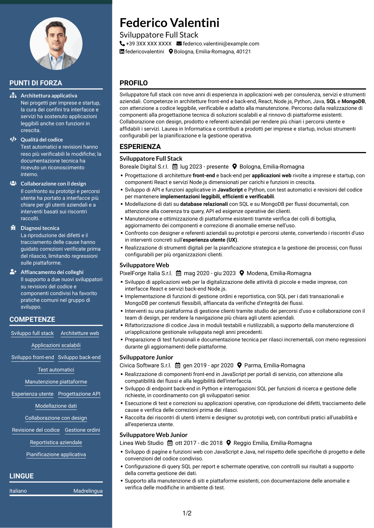 CV Elegante (formato con colonna laterale colorata e foto): Sviluppatore - Applicazioni Web Full Stack, pagina 1