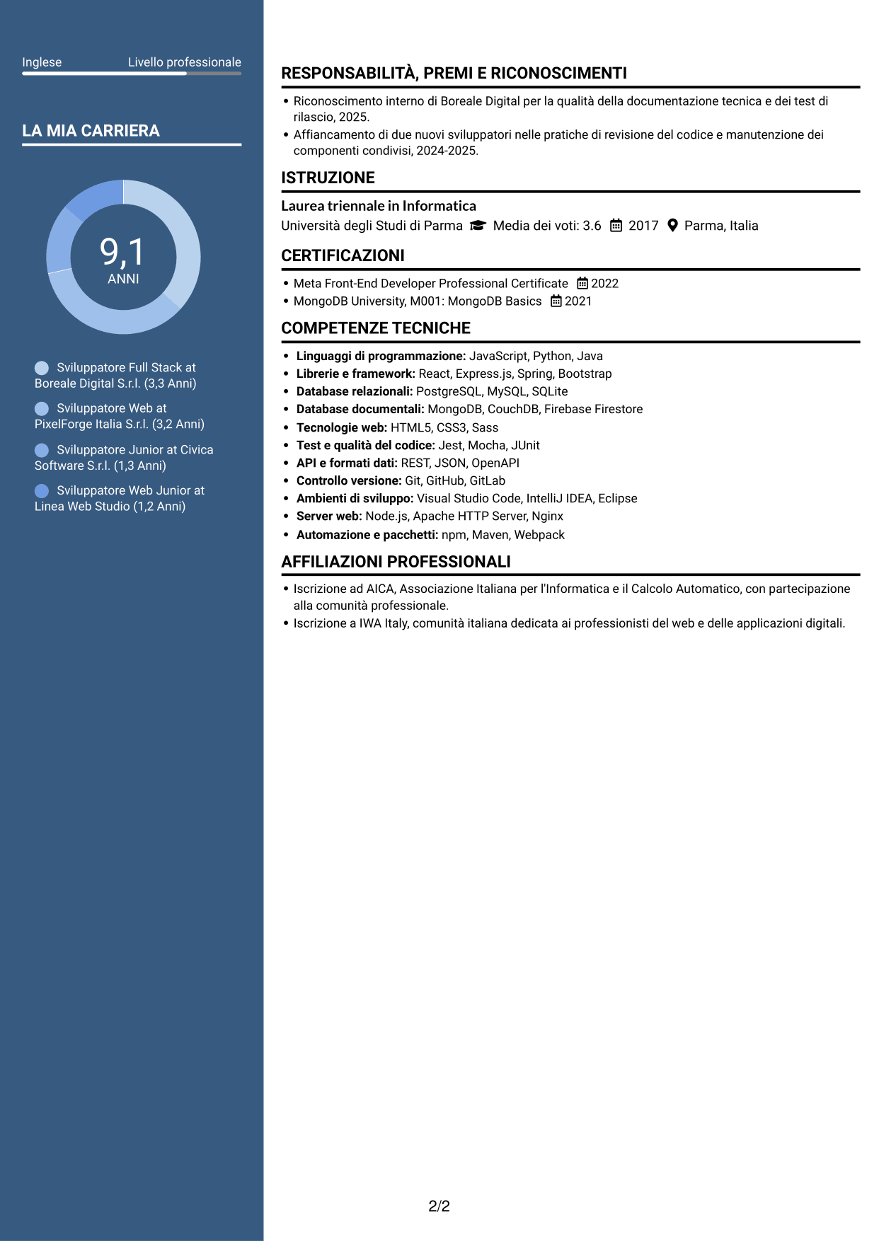 CV Elegante (formato con colonna laterale colorata e foto): Sviluppatore - Applicazioni Web Full Stack, pagina 2
