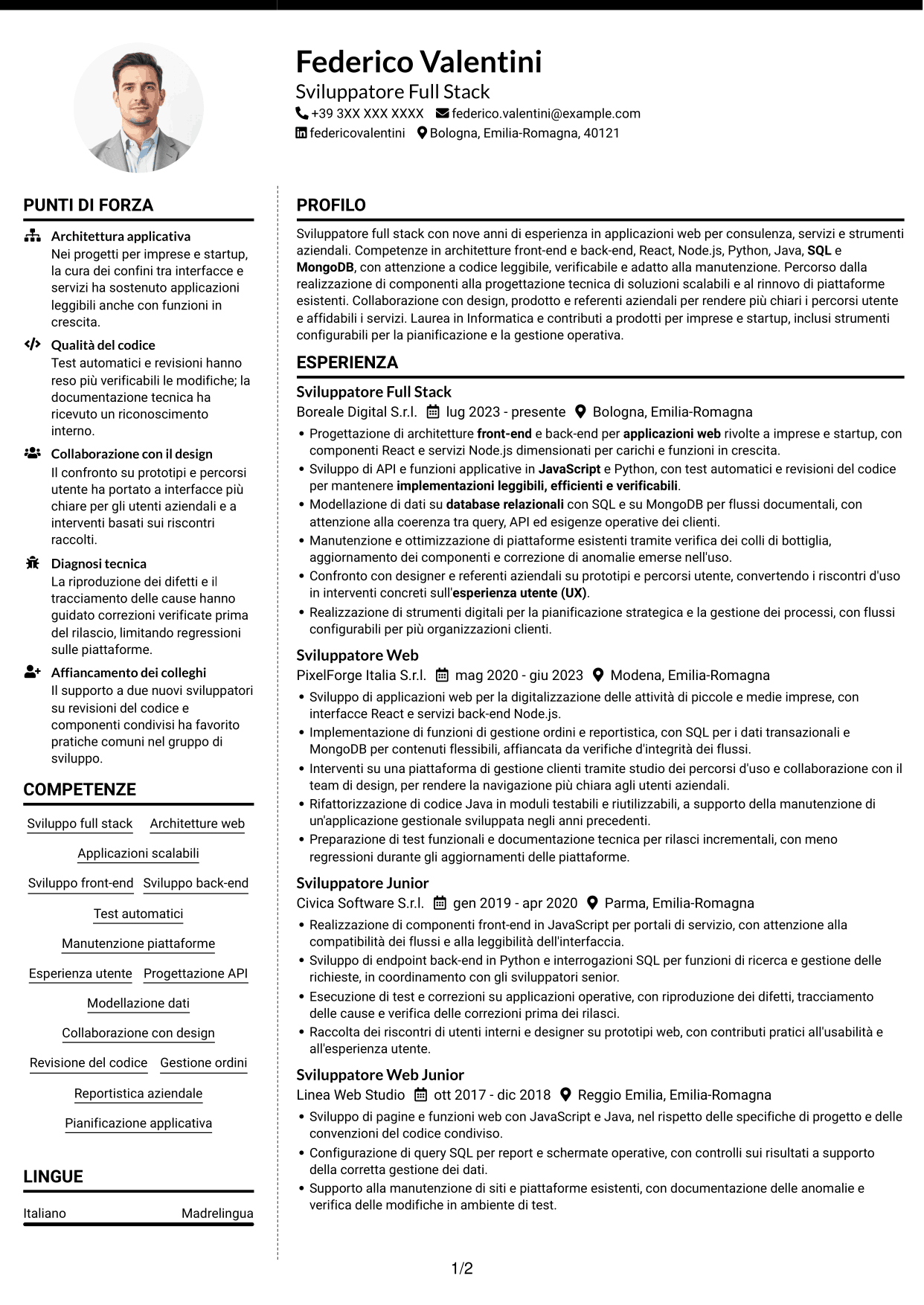 CV Moderno (formato a due colonne con foto a sinistra e separatore): Sviluppatore - Applicazioni Web Full Stack, pagina 1