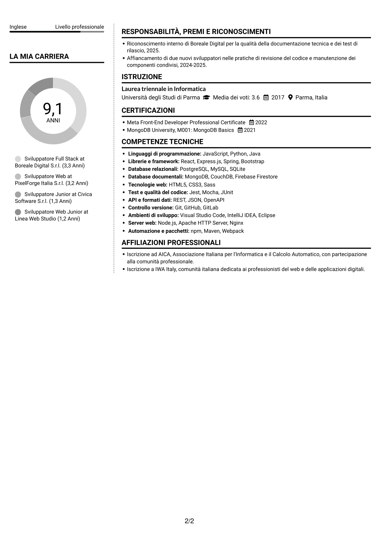 CV Moderno (formato a due colonne con foto a sinistra e separatore): Sviluppatore - Applicazioni Web Full Stack, pagina 2