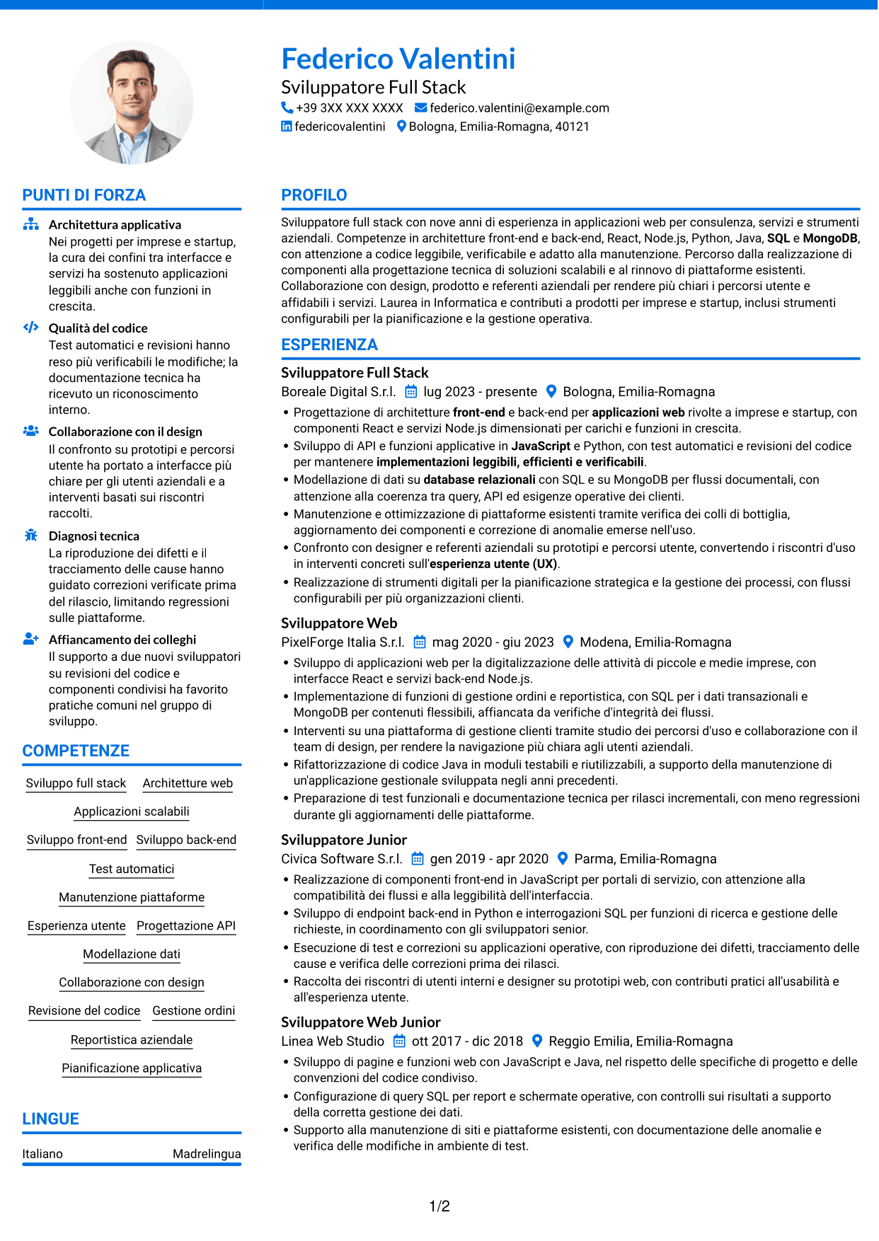 CV Audace (formato a due colonne con accenti colorati e foto): Sviluppatore - Applicazioni Web Full Stack, pagina 1