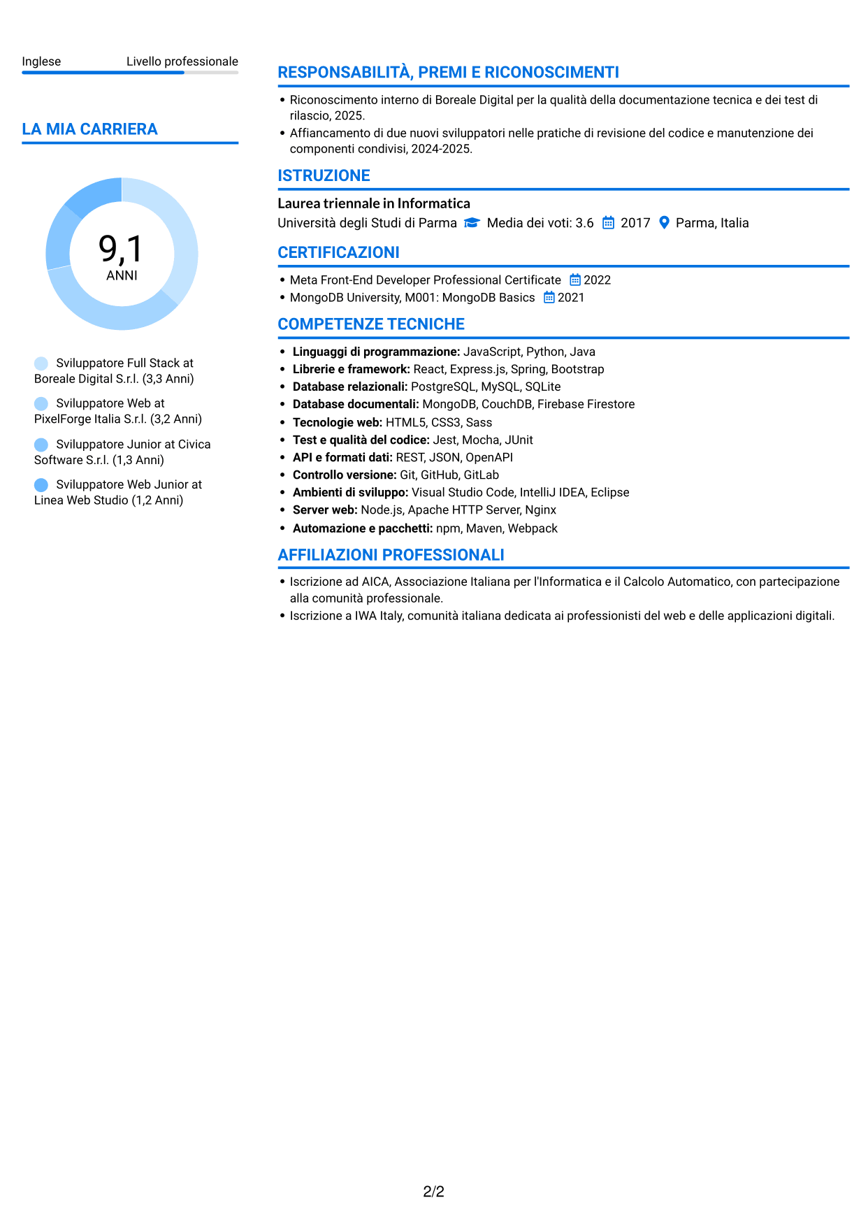 CV Audace (formato a due colonne con accenti colorati e foto): Sviluppatore - Applicazioni Web Full Stack, pagina 2