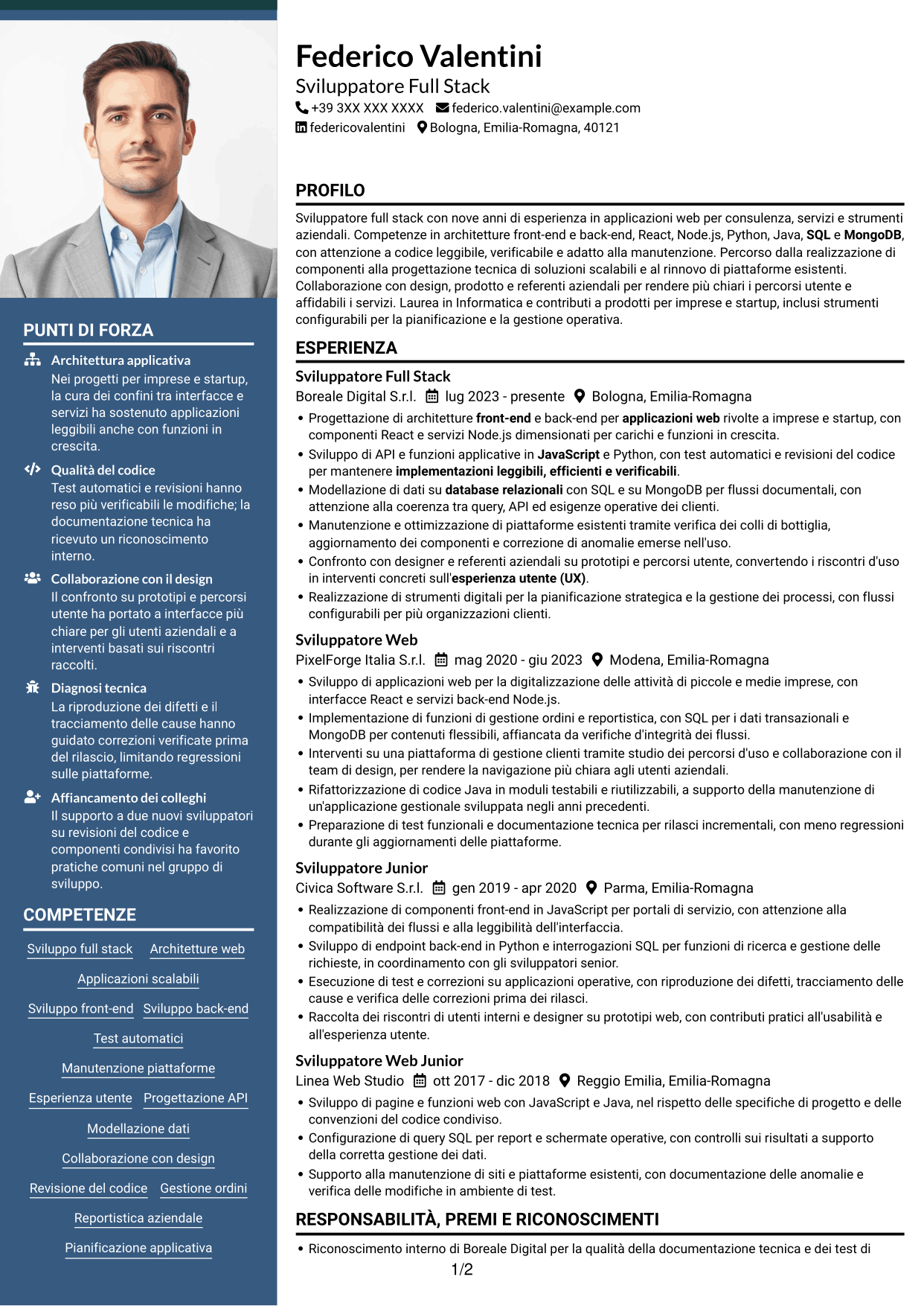 CV Signature (formato con colonna laterale colorata e foto grande): Sviluppatore - Applicazioni Web Full Stack, pagina 1