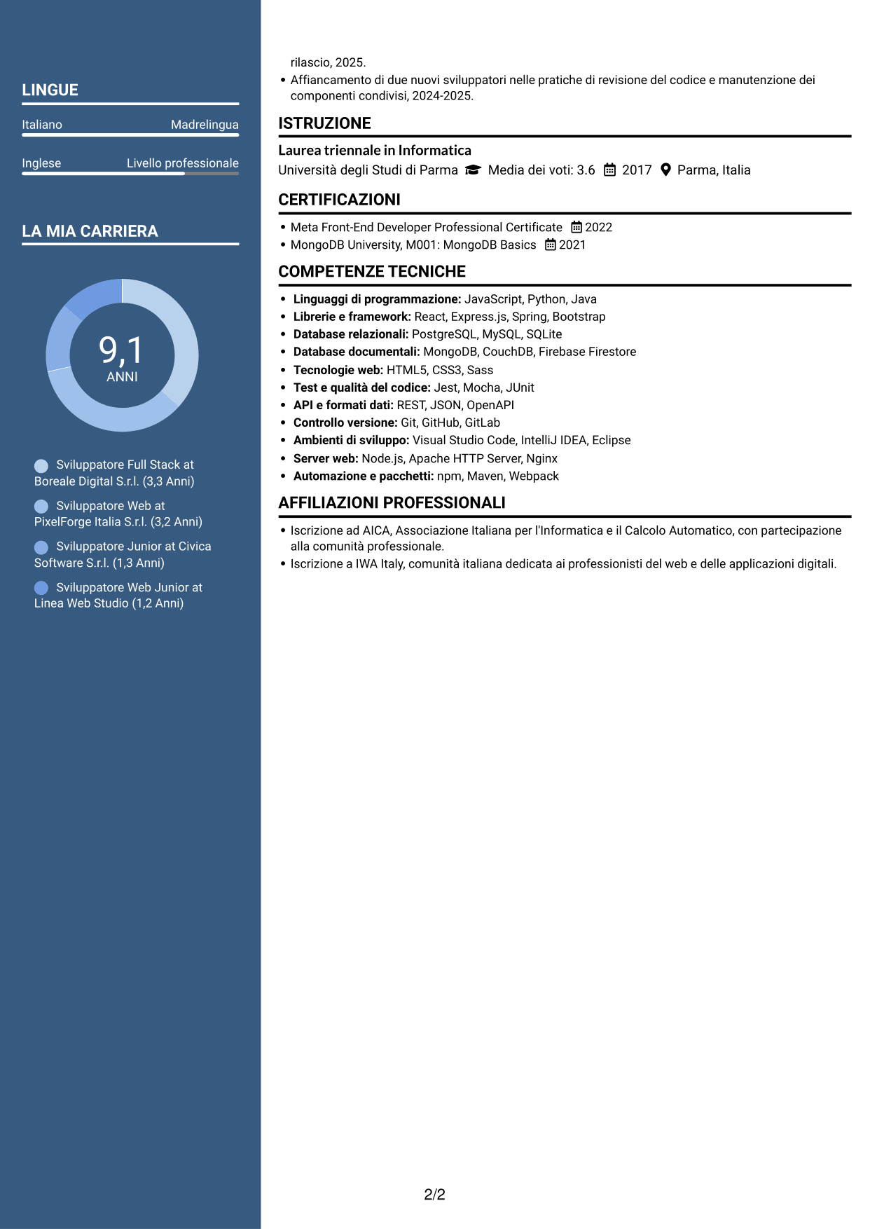 CV Signature (formato con colonna laterale colorata e foto grande): Sviluppatore - Applicazioni Web Full Stack, pagina 2