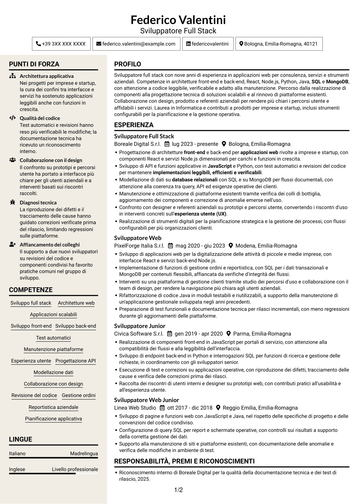 CV Intraprendente (formato a due colonne con intestazione centrata senza foto): Sviluppatore - Applicazioni Web Full Stack, pagina 1