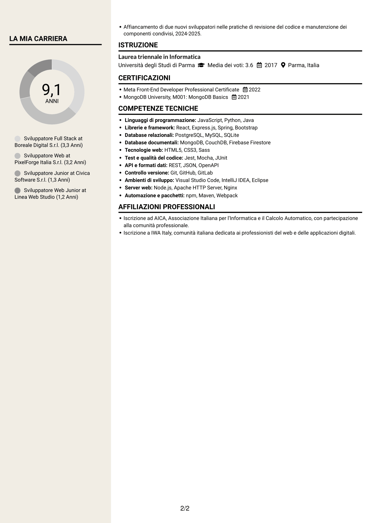 CV Intraprendente (formato a due colonne con intestazione centrata senza foto): Sviluppatore - Applicazioni Web Full Stack, pagina 2