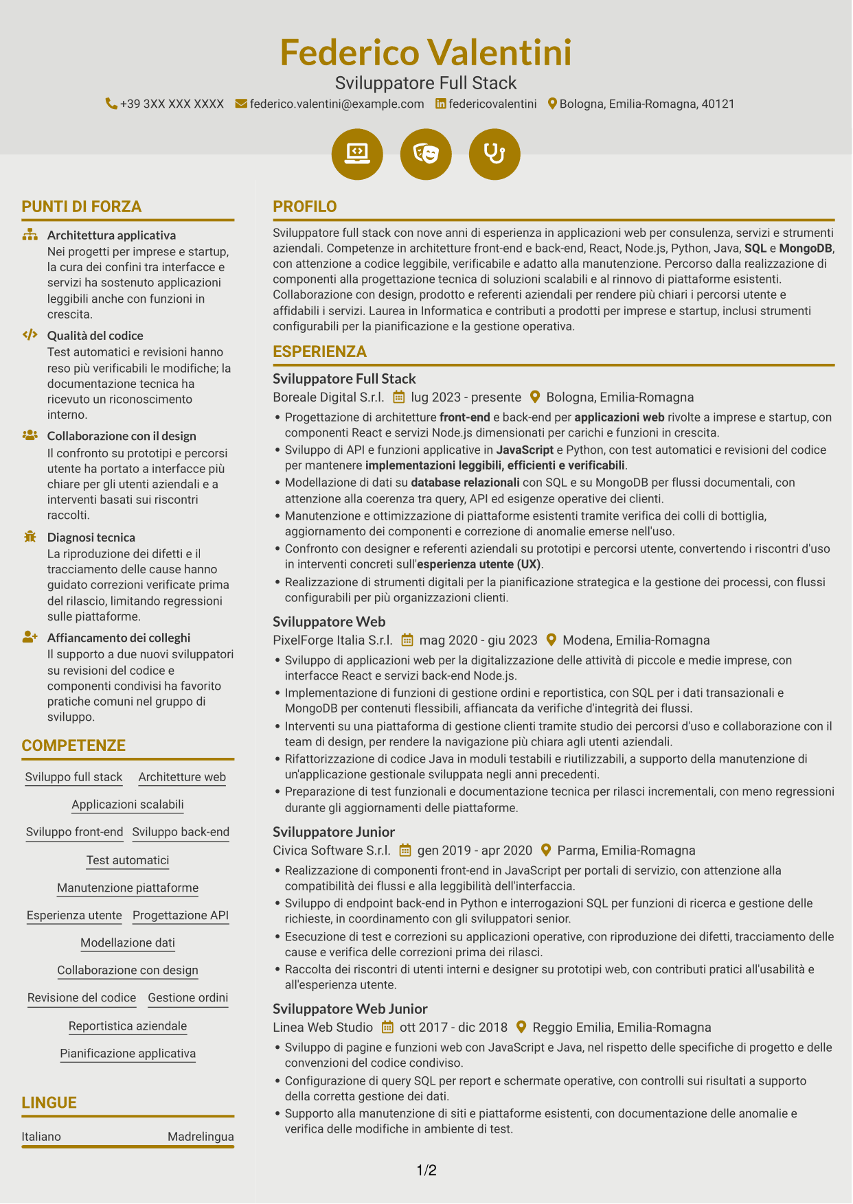 CV Dinamico (formato a due colonne con icone): Sviluppatore - Applicazioni Web Full Stack, pagina 1