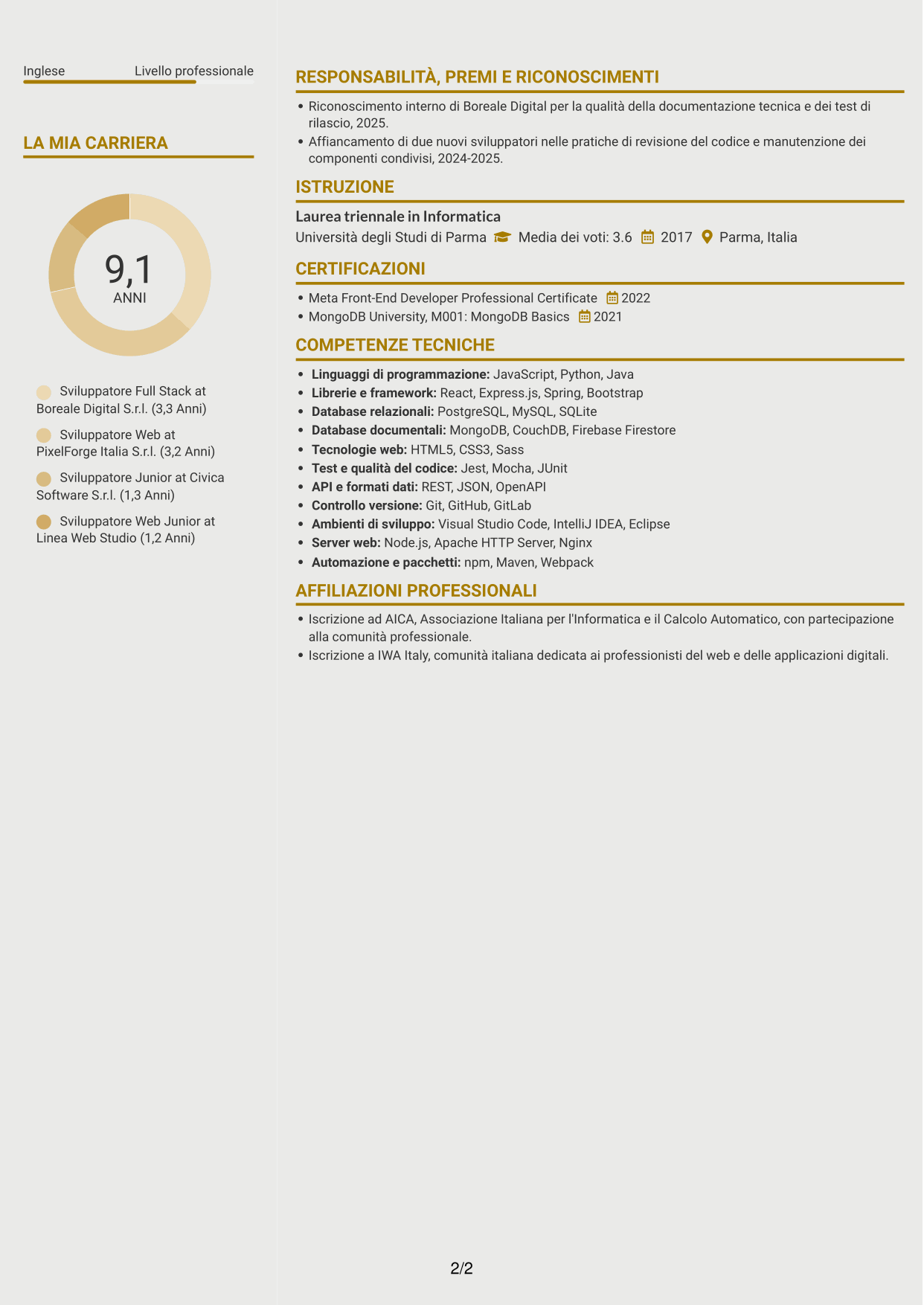 CV Dinamico (formato a due colonne con icone): Sviluppatore - Applicazioni Web Full Stack, pagina 2
