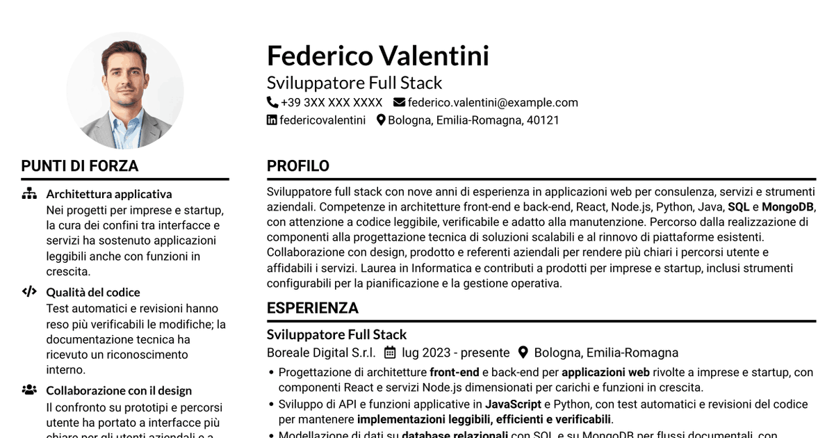 7 modelli di CV per Sviluppatore - Applicazioni Web Full Stack, con esempi