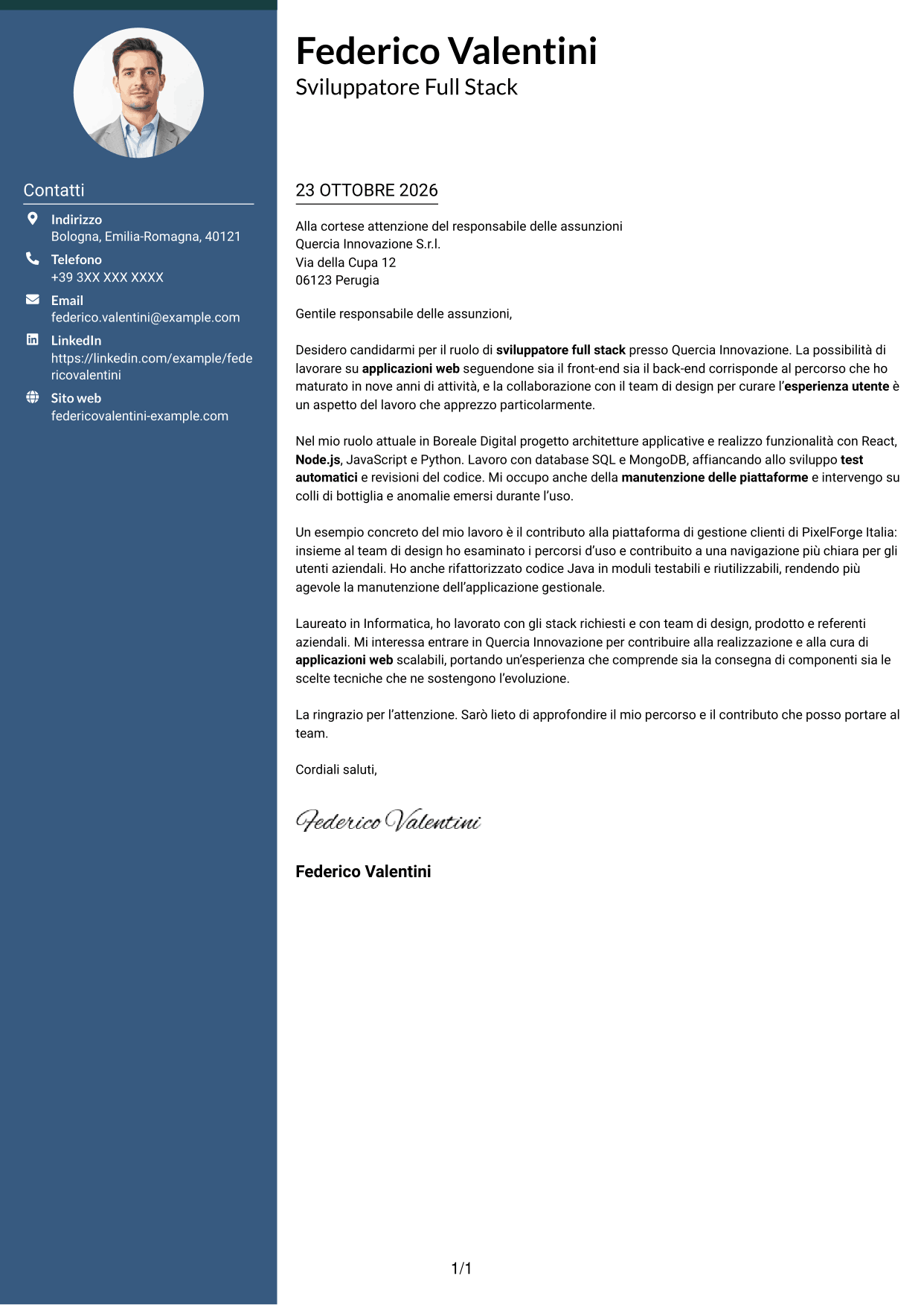 Lettera di presentazione Elegante (formato con colonna laterale colorata e foto): Sviluppatore - Applicazioni Web Full Stack, pagina 1