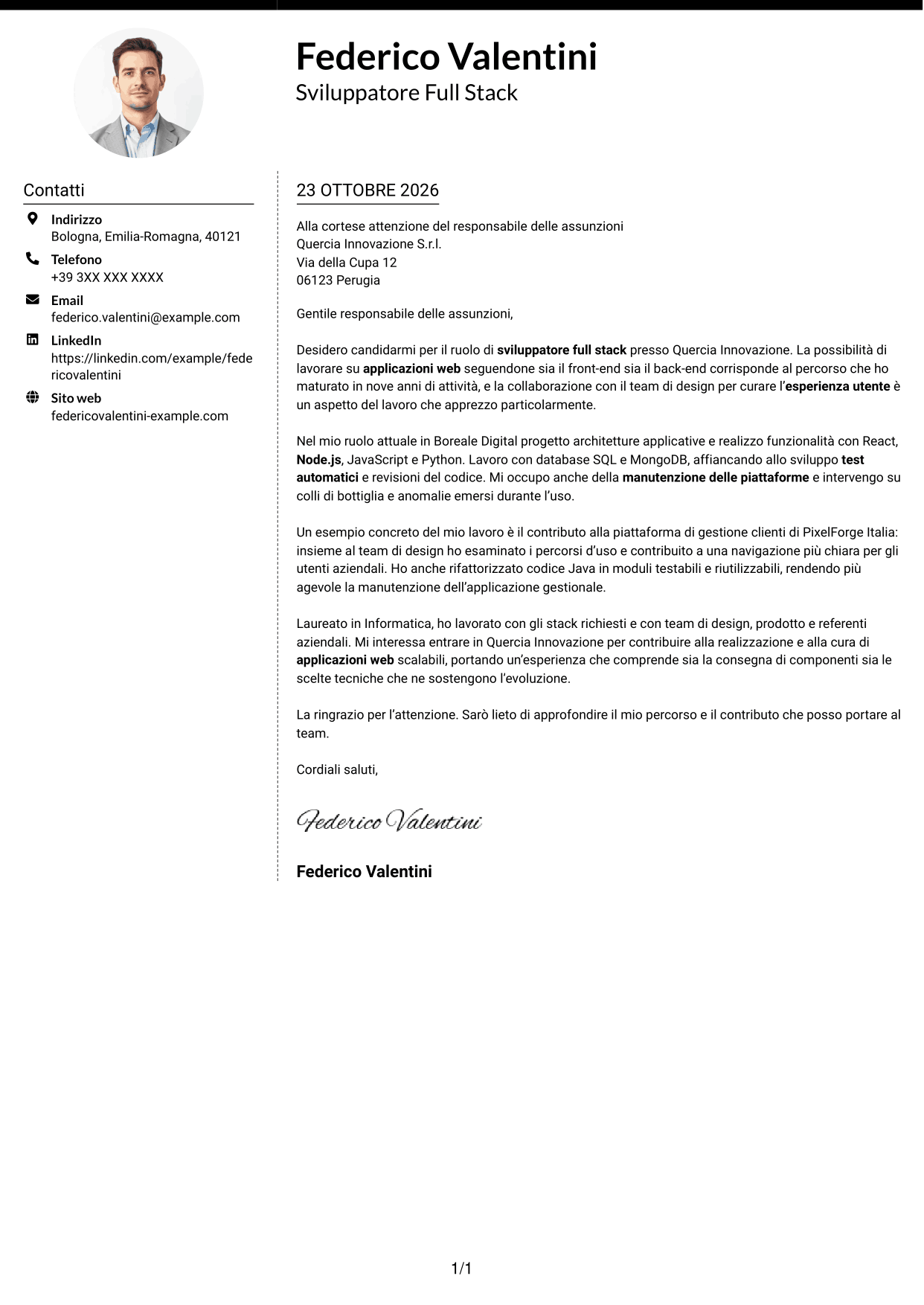 Lettera di presentazione Moderno (formato a due colonne con foto a sinistra e separatore): Sviluppatore - Applicazioni Web Full Stack, pagina 1