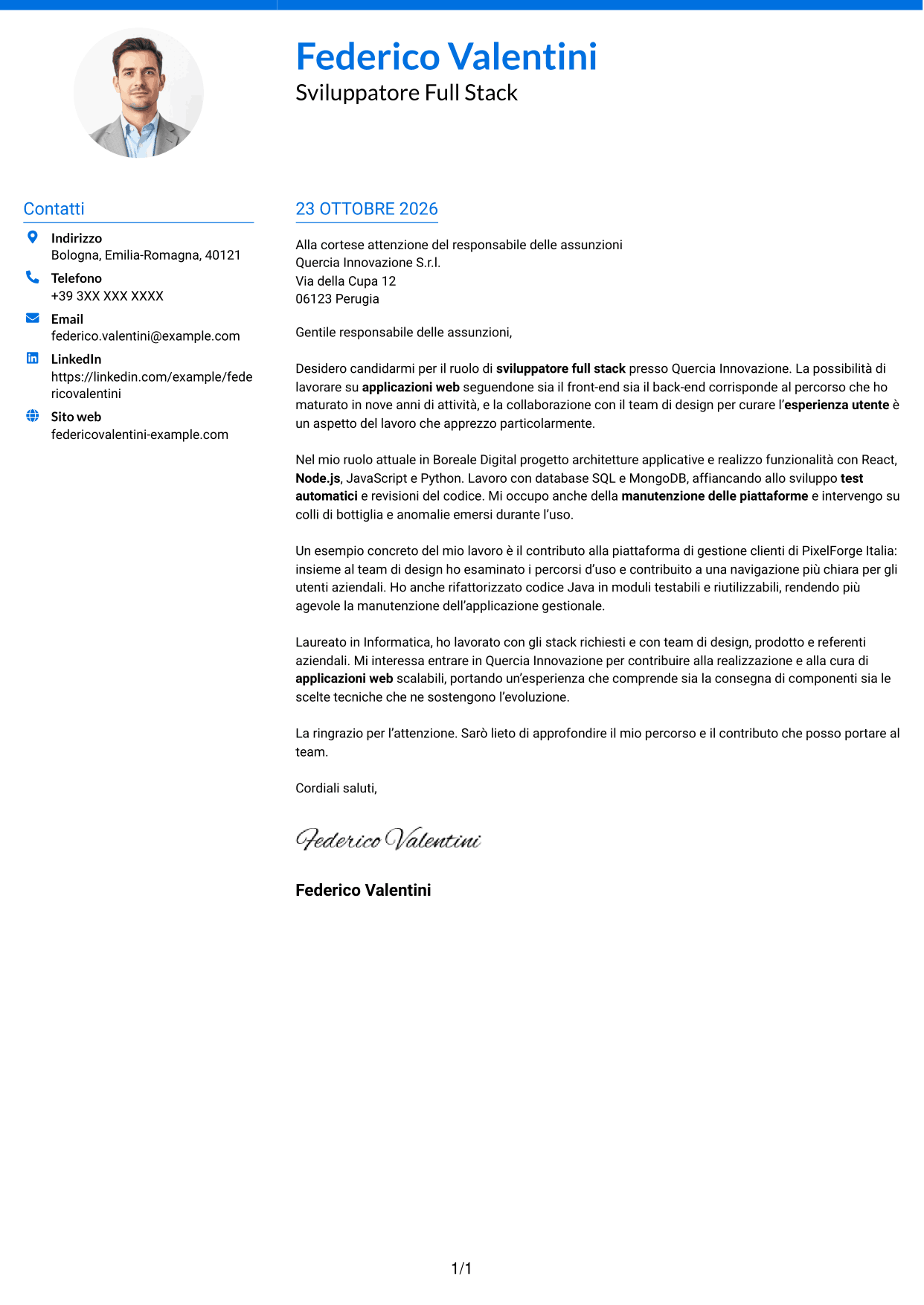 Lettera di presentazione Audace (formato a due colonne con accenti colorati e foto): Sviluppatore - Applicazioni Web Full Stack, pagina 1