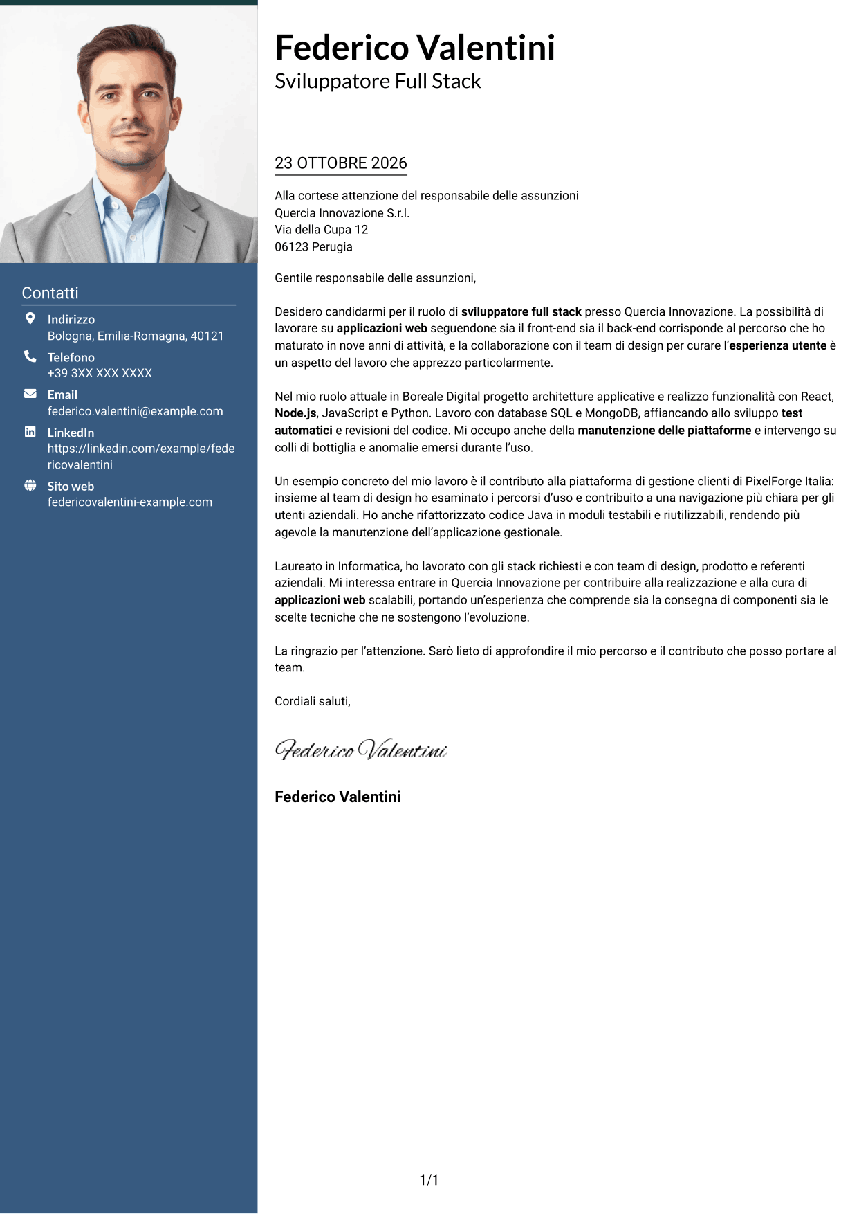 Lettera di presentazione Signature (formato con colonna laterale colorata e foto grande): Sviluppatore - Applicazioni Web Full Stack, pagina 1