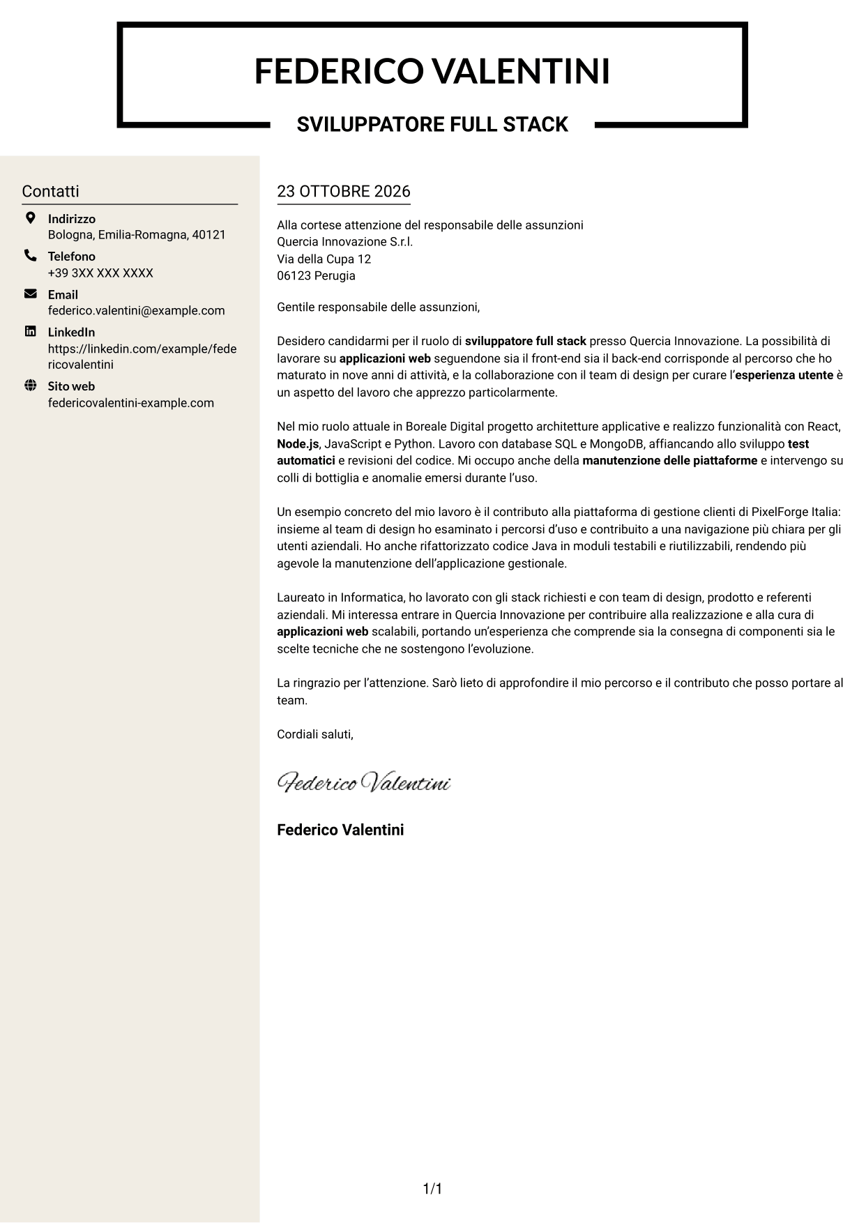 Lettera di presentazione Intraprendente (formato a due colonne con intestazione centrata senza foto): Sviluppatore - Applicazioni Web Full Stack, pagina 1