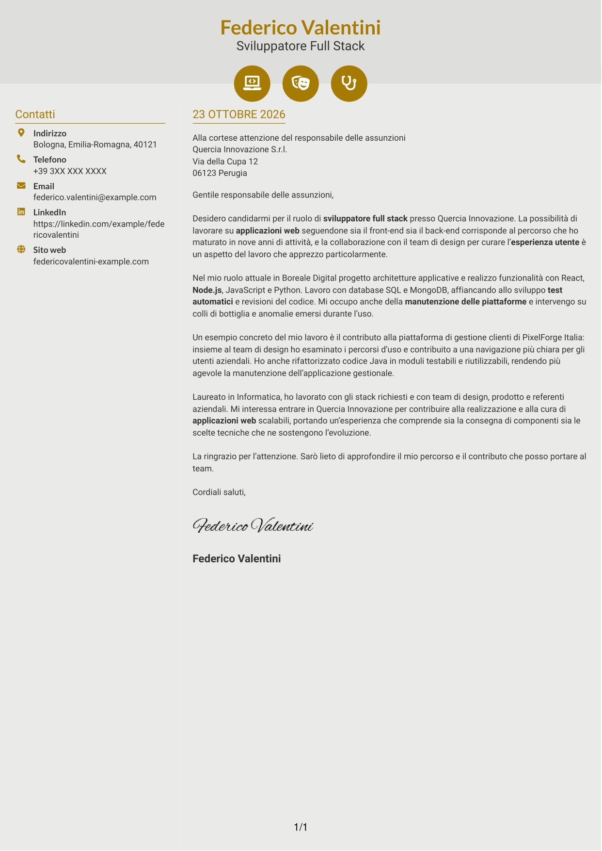 Lettera di presentazione Dinamico (formato a due colonne con icone): Sviluppatore - Applicazioni Web Full Stack, pagina 1