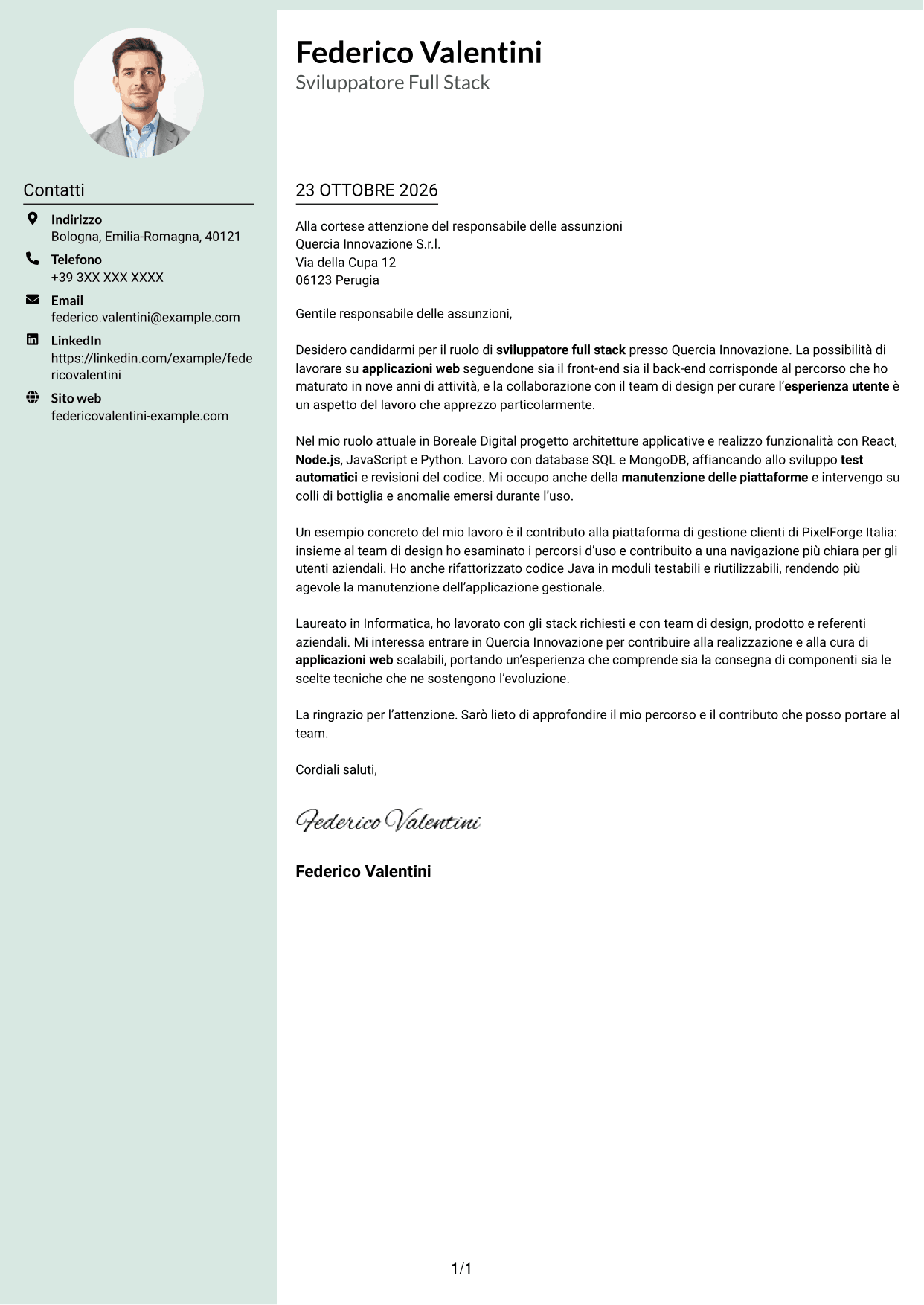 Lettera di presentazione Dirigente (formato con colonna laterale tenue e foto arrotondata): Sviluppatore - Applicazioni Web Full Stack, pagina 1