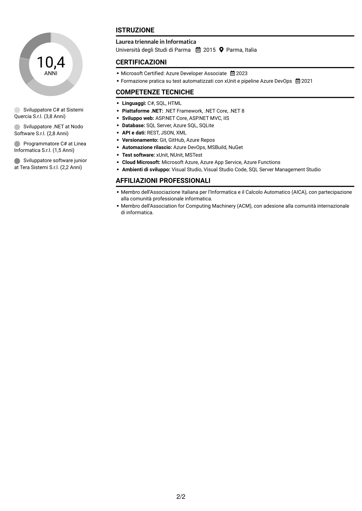 CV Compatto (formato sobrio a due colonne con foto): Sviluppatore C#, pagina 2