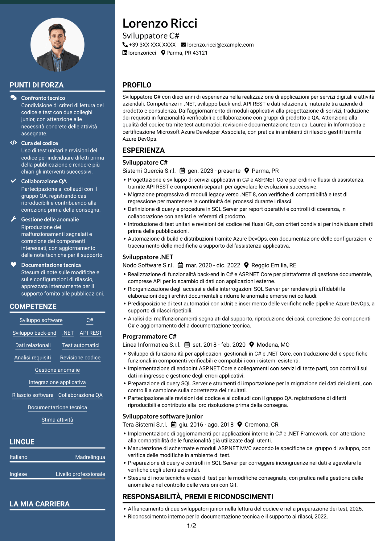 CV Elegante (formato con colonna laterale colorata e foto): Sviluppatore C#, pagina 1