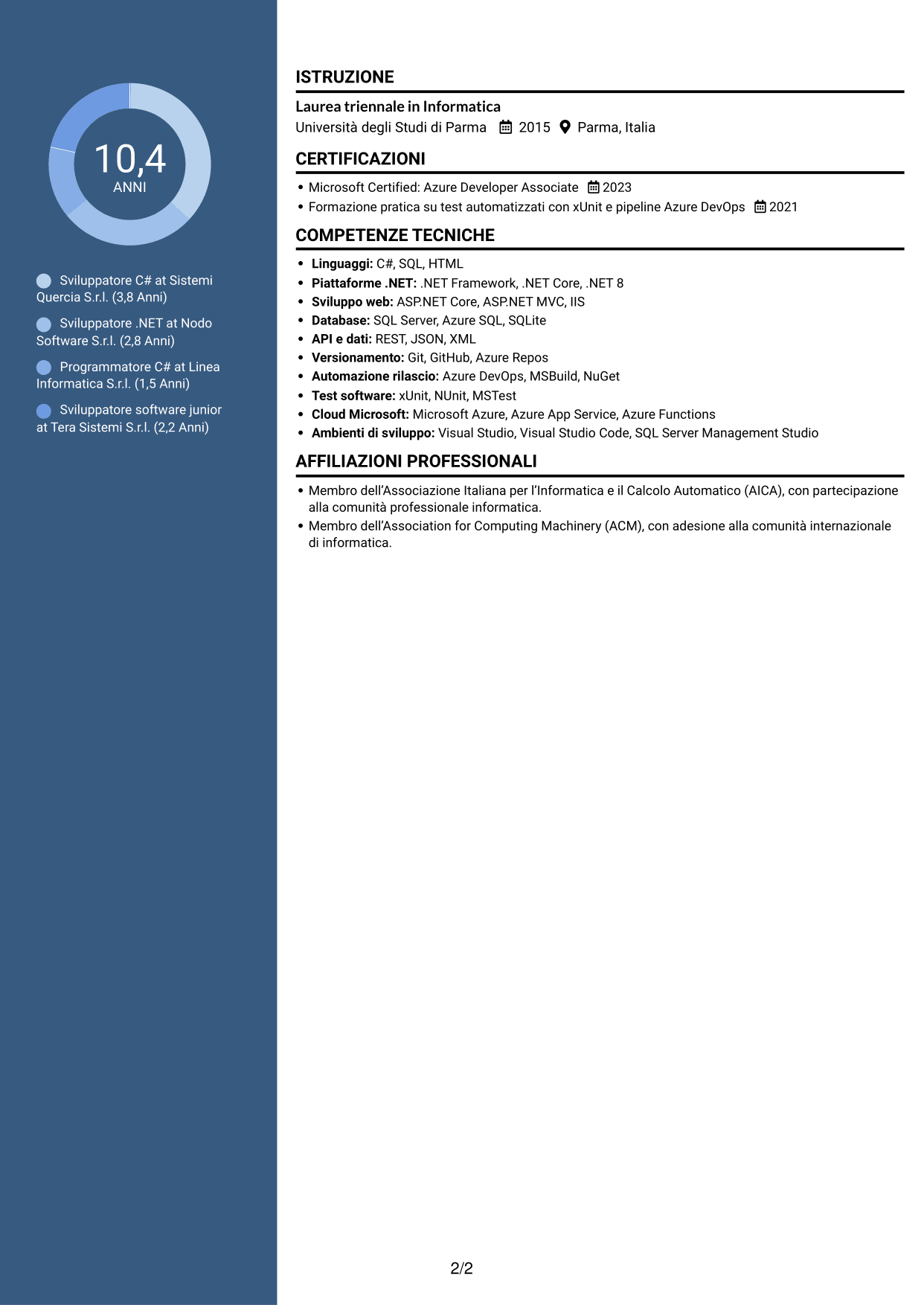 CV Elegante (formato con colonna laterale colorata e foto): Sviluppatore C#, pagina 2