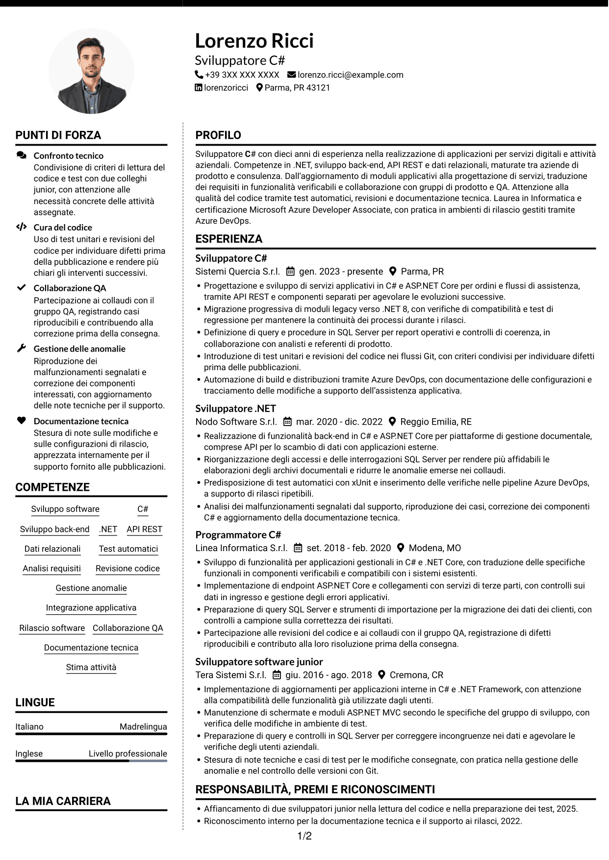 CV Moderno (formato a due colonne con foto a sinistra e separatore): Sviluppatore C#, pagina 1