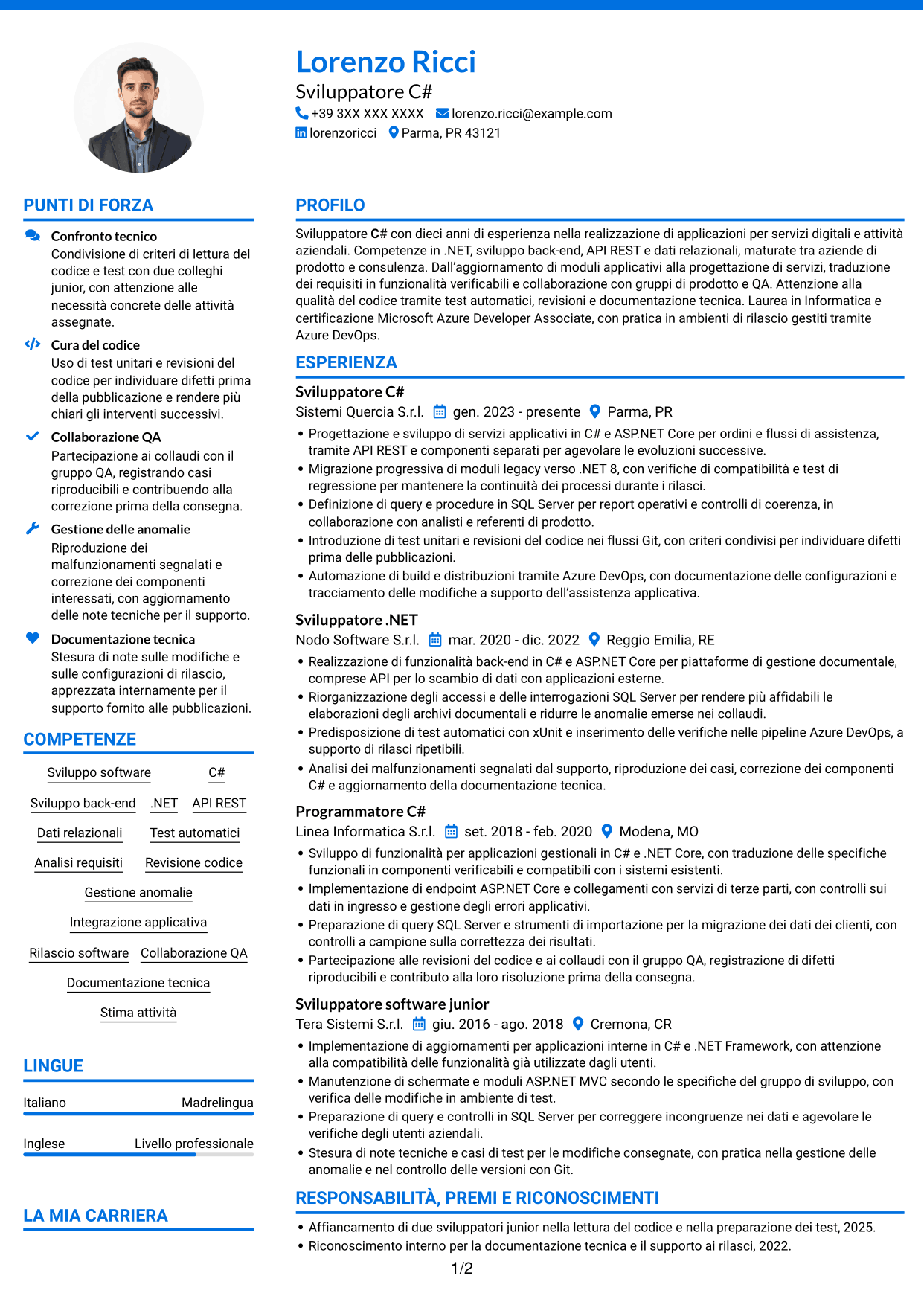 CV Audace (formato a due colonne con accenti colorati e foto): Sviluppatore C#, pagina 1