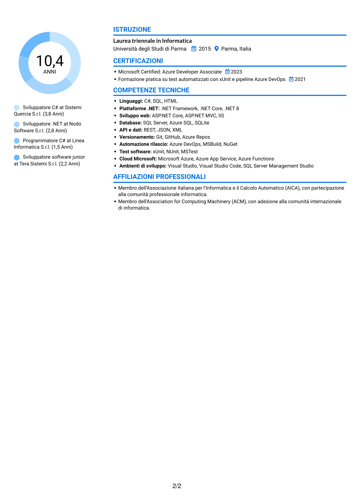 CV Audace (formato a due colonne con accenti colorati e foto): Sviluppatore C#, pagina 2
