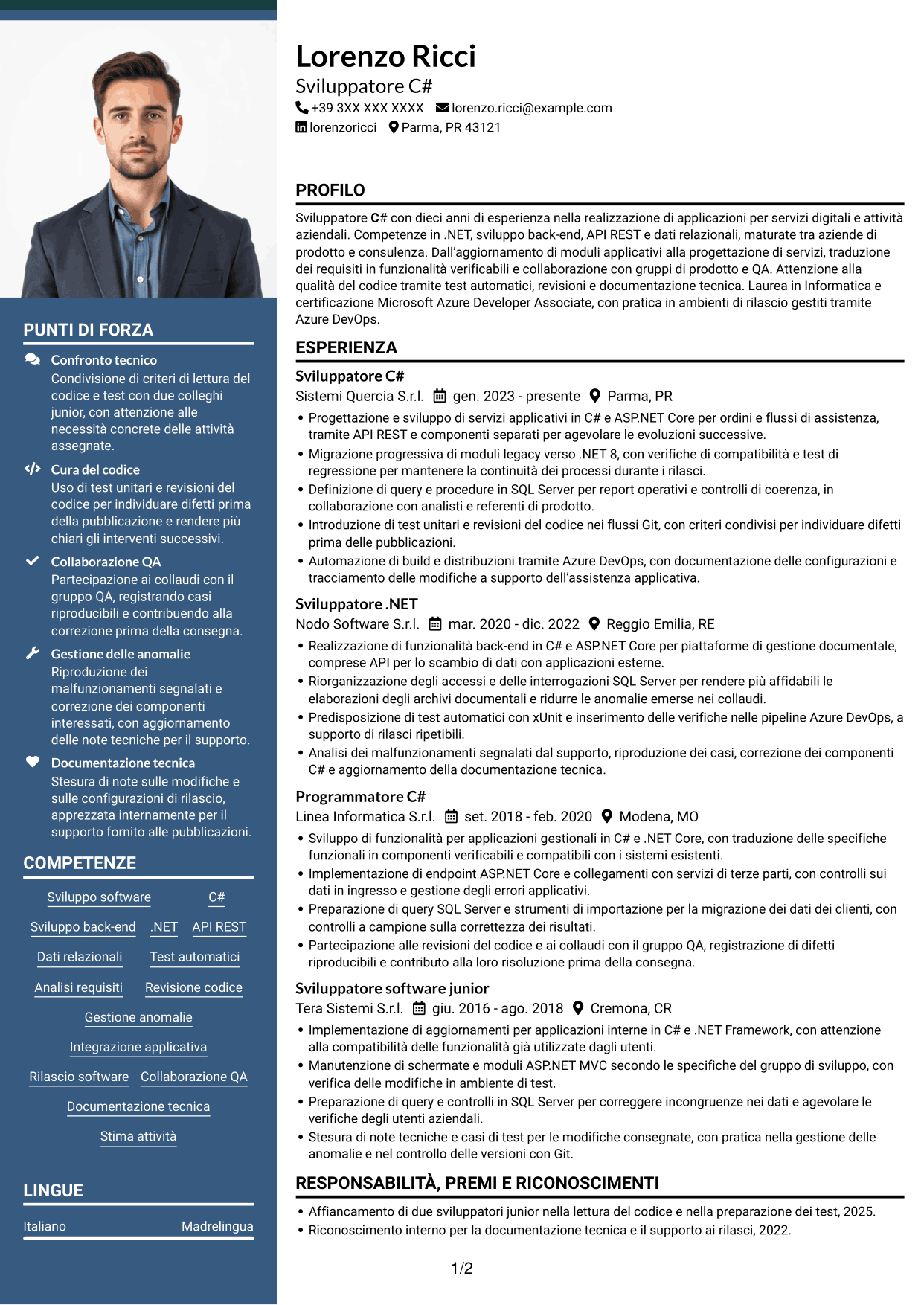 CV Signature (formato con colonna laterale colorata e foto grande): Sviluppatore C#, pagina 1