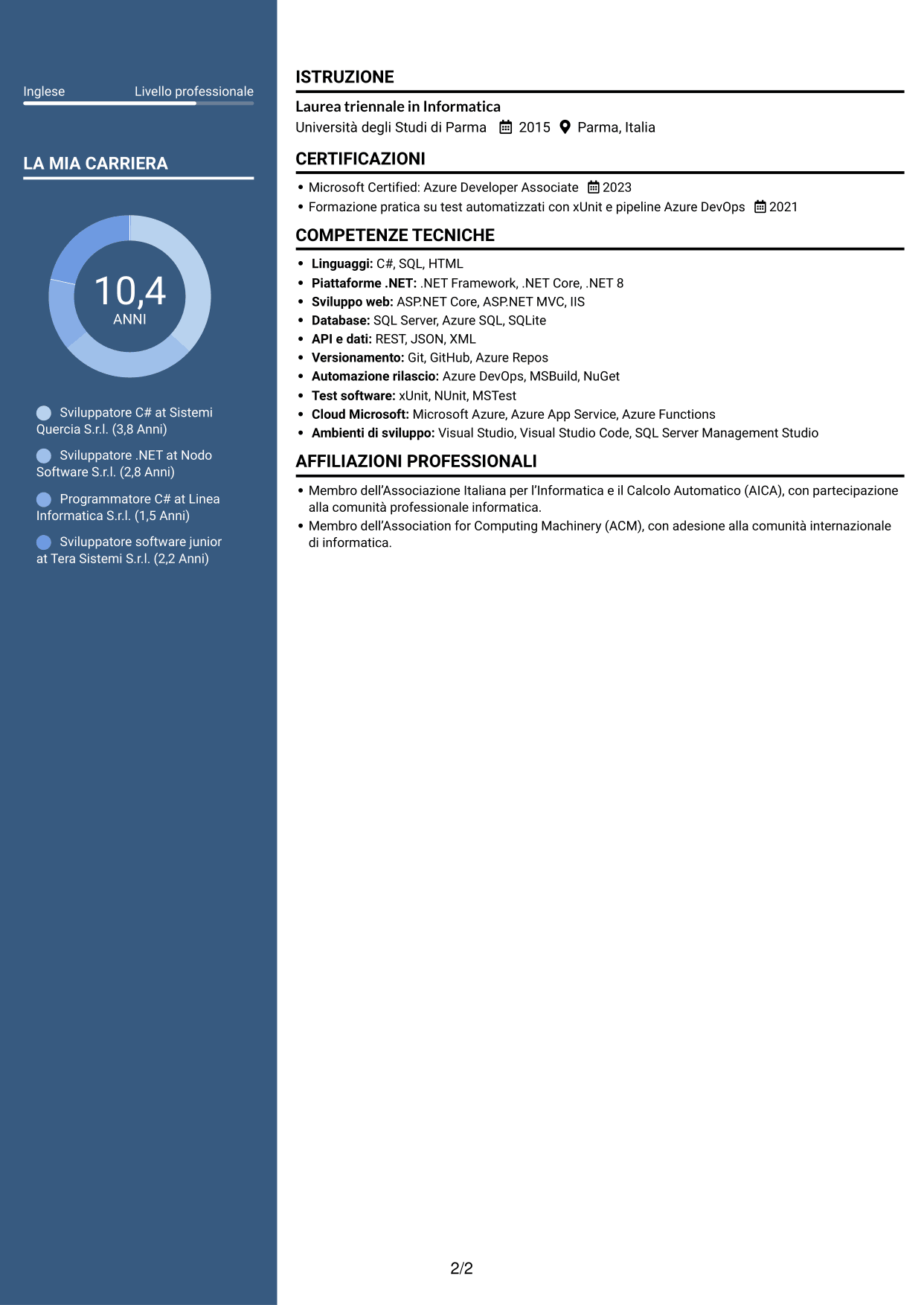 CV Signature (formato con colonna laterale colorata e foto grande): Sviluppatore C#, pagina 2