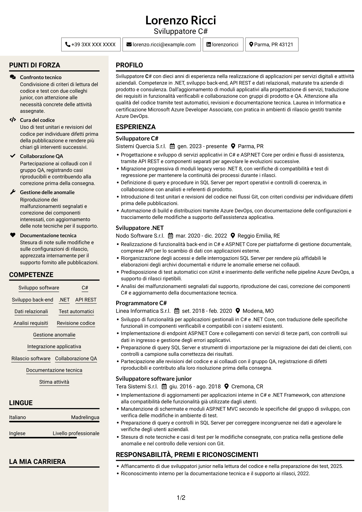 CV Intraprendente (formato a due colonne con intestazione centrata senza foto): Sviluppatore C#, pagina 1