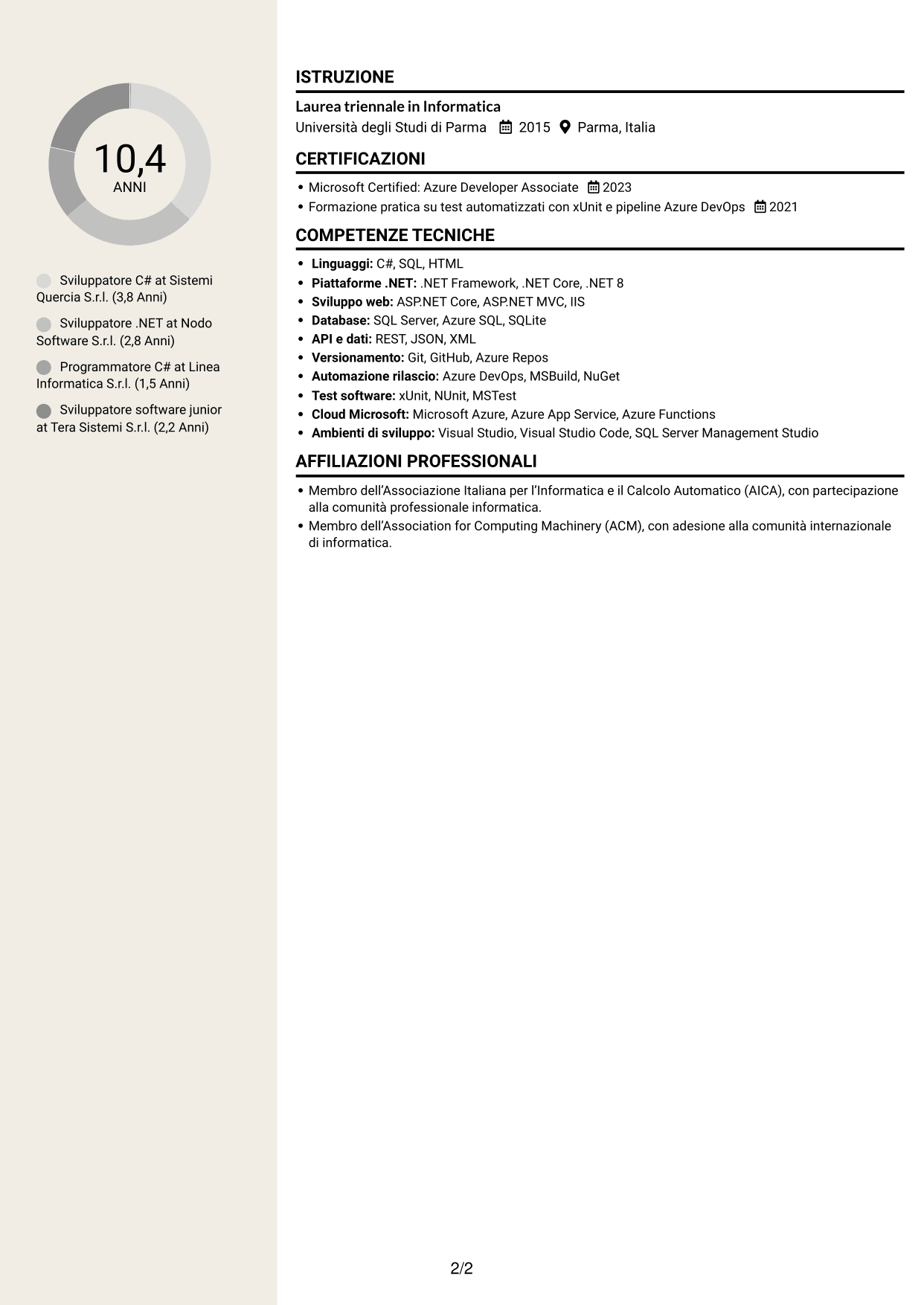 CV Intraprendente (formato a due colonne con intestazione centrata senza foto): Sviluppatore C#, pagina 2