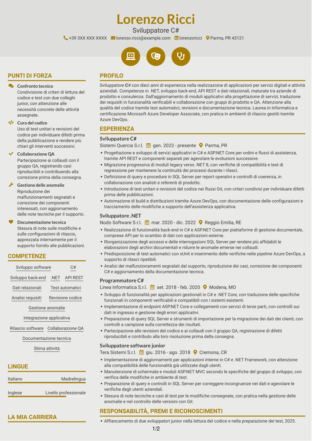 CV Dinamico (formato a due colonne con icone): Sviluppatore C#, pagina 1