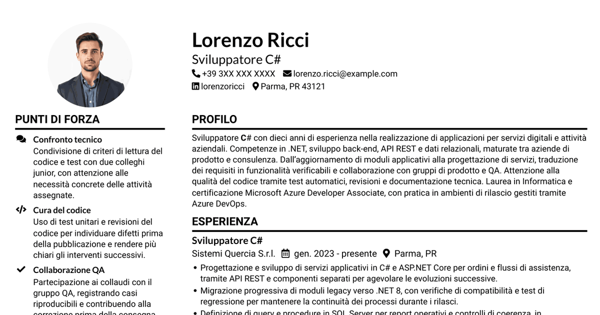 7 modelli di CV per Sviluppatore C#, con esempi