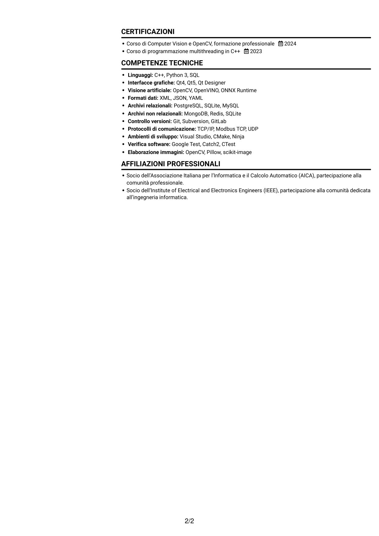 CV Compatto (formato sobrio a due colonne con foto): Sviluppatore C++ - Interfacce Qt, pagina 2