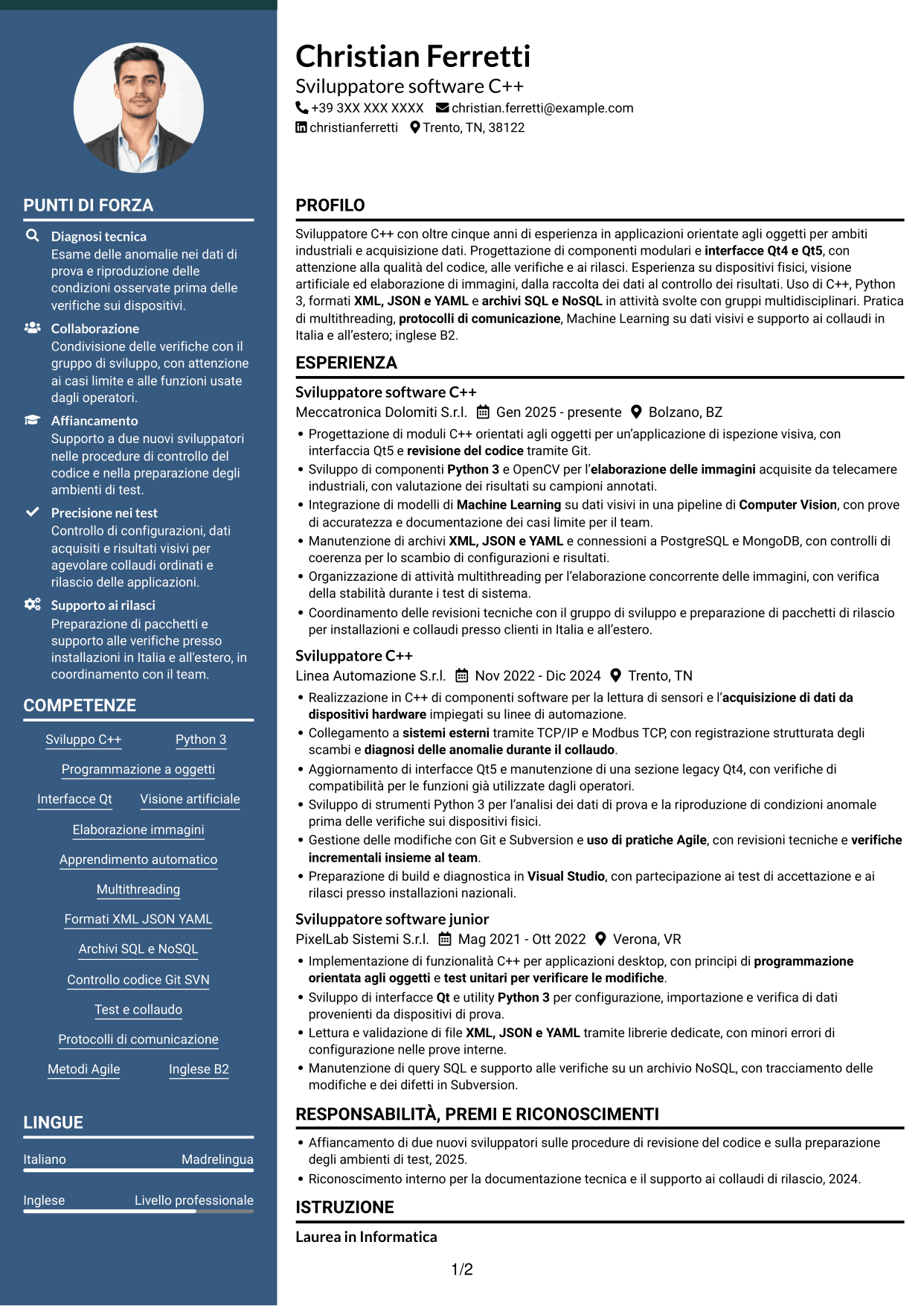 CV Elegante (formato con colonna laterale colorata e foto): Sviluppatore C++ - Interfacce Qt, pagina 1
