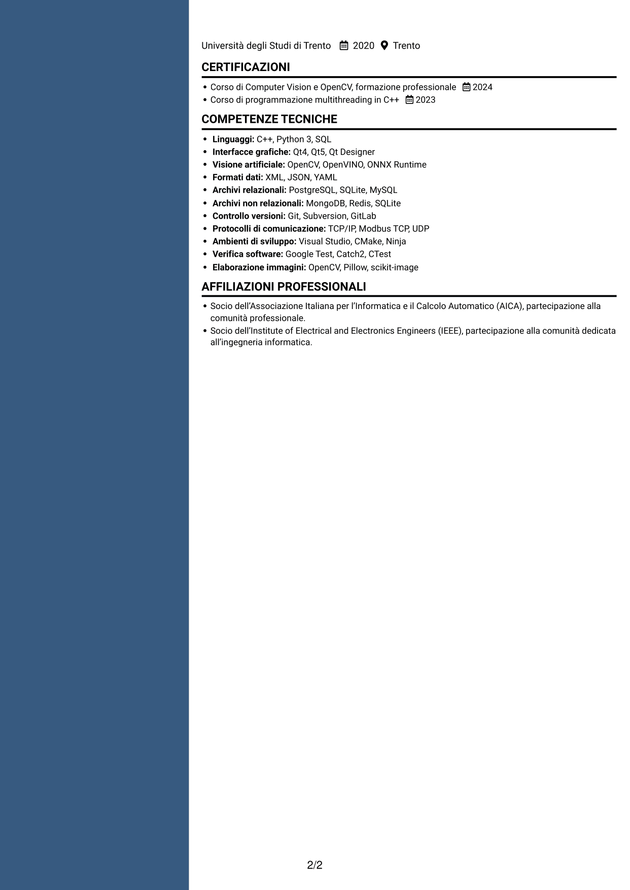 CV Elegante (formato con colonna laterale colorata e foto): Sviluppatore C++ - Interfacce Qt, pagina 2