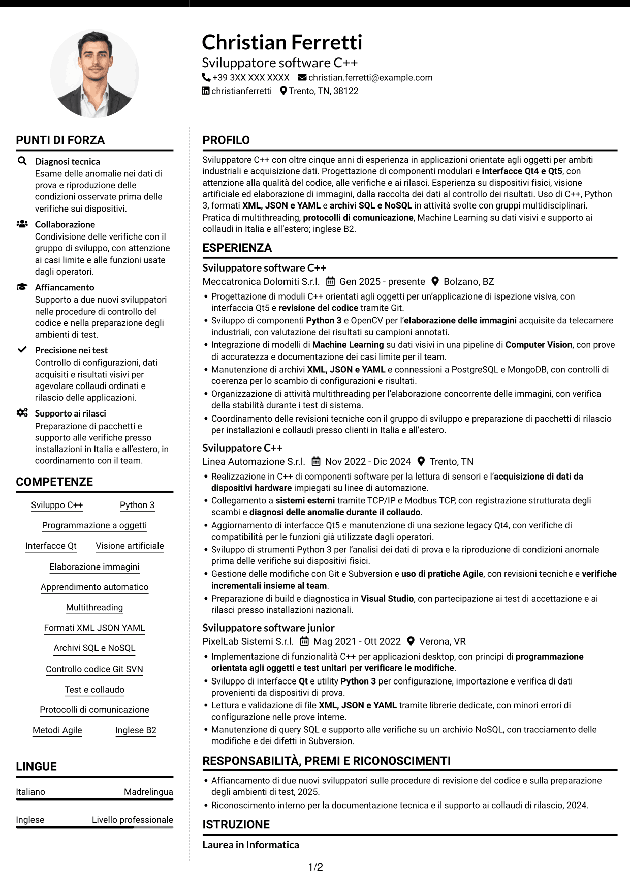 CV Moderno (formato a due colonne con foto a sinistra e separatore): Sviluppatore C++ - Interfacce Qt, pagina 1