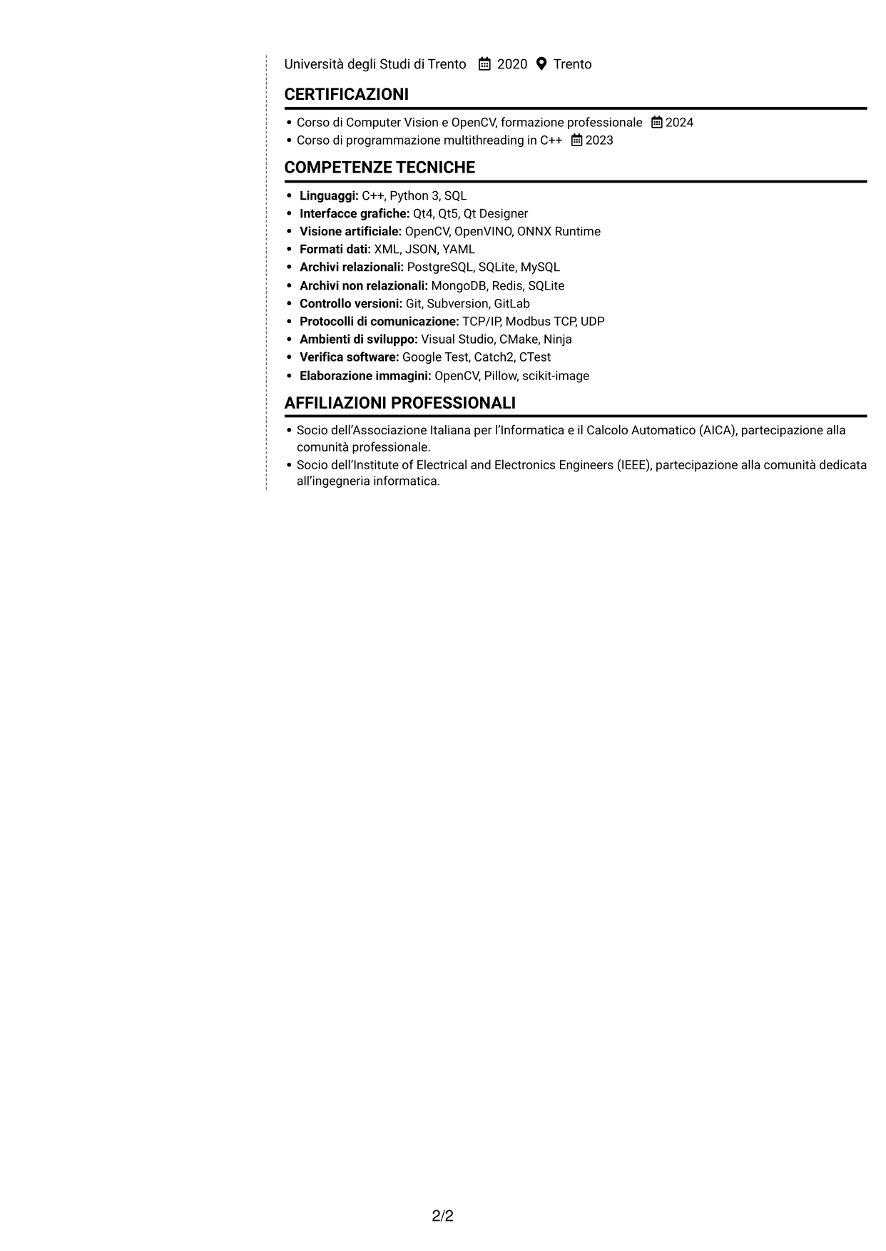 CV Moderno (formato a due colonne con foto a sinistra e separatore): Sviluppatore C++ - Interfacce Qt, pagina 2